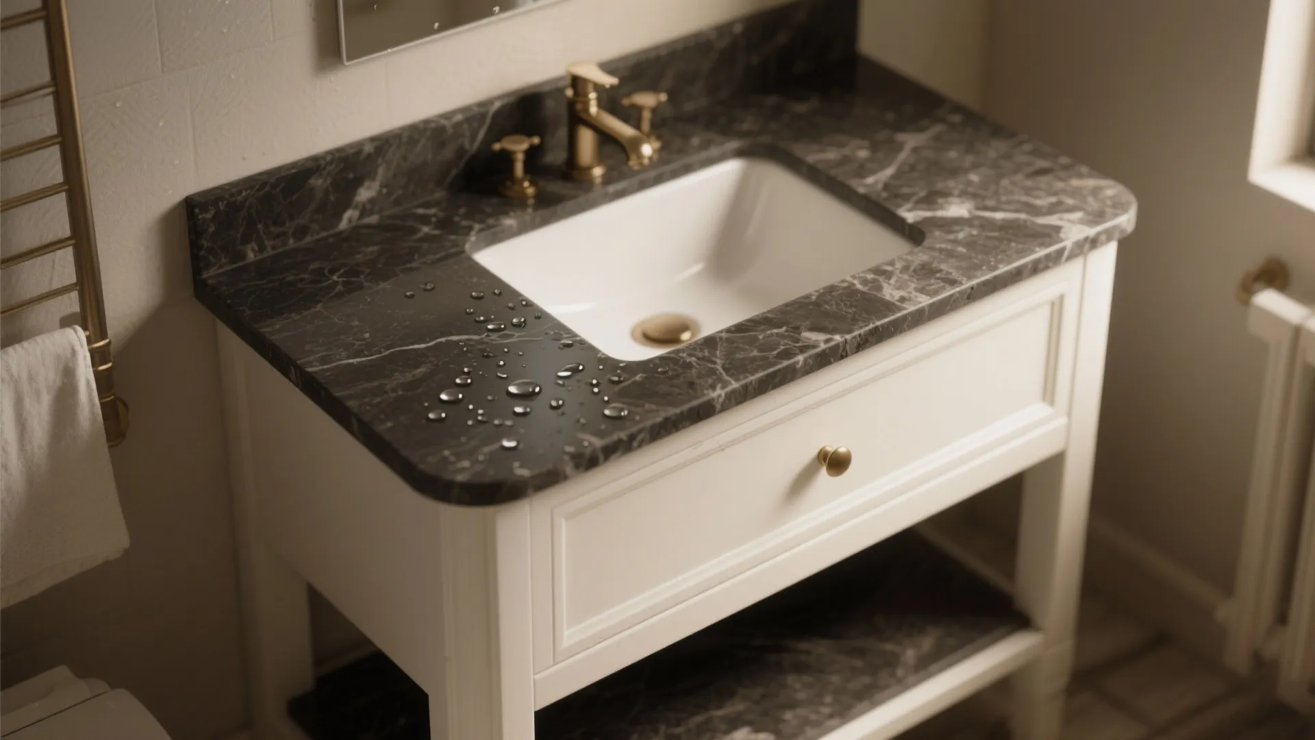 2. Two-tone antique white cabinet with a dark countertop