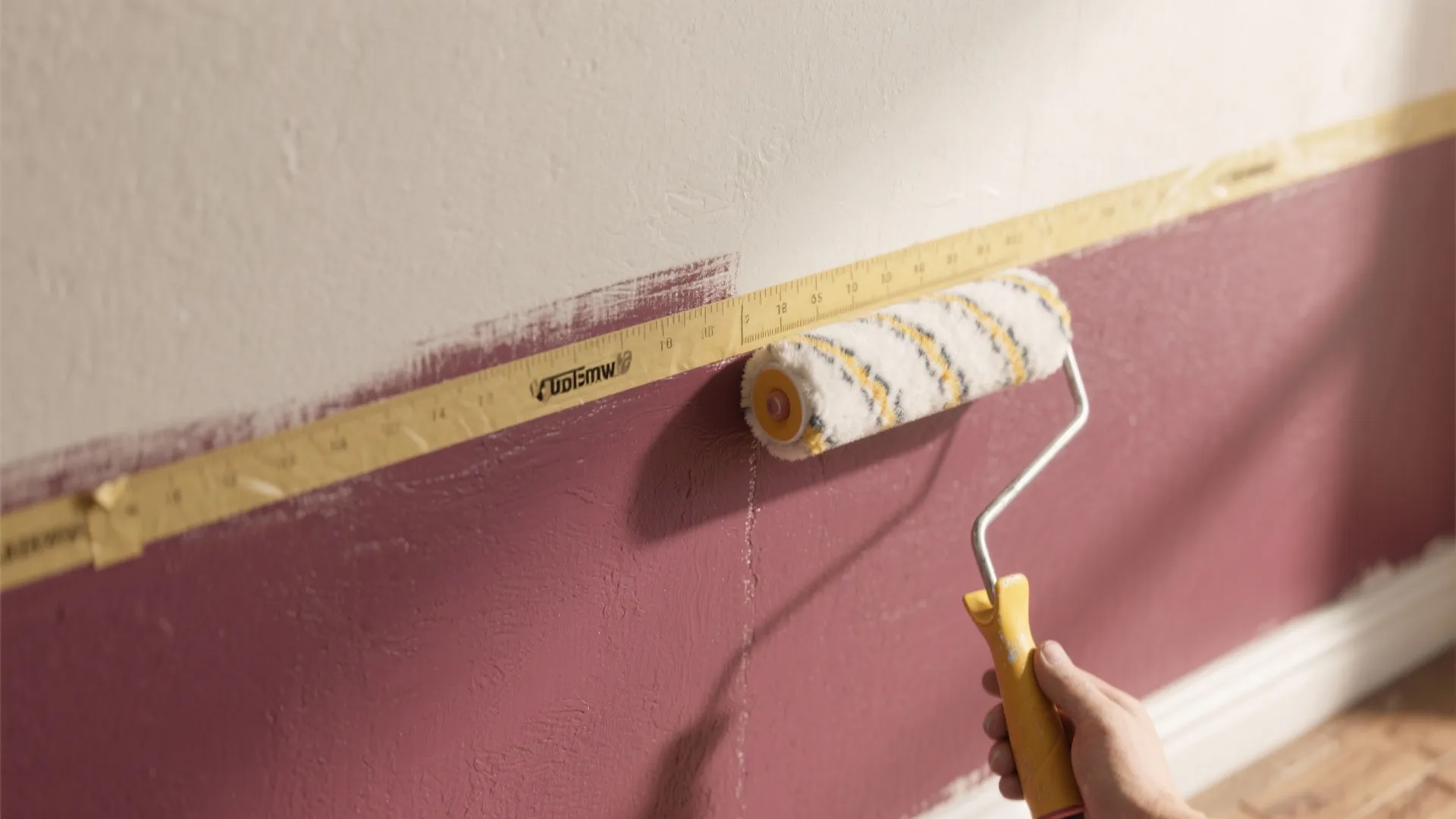 Painter creating a crisp horizontal two-tone wall with masking tape and roller.