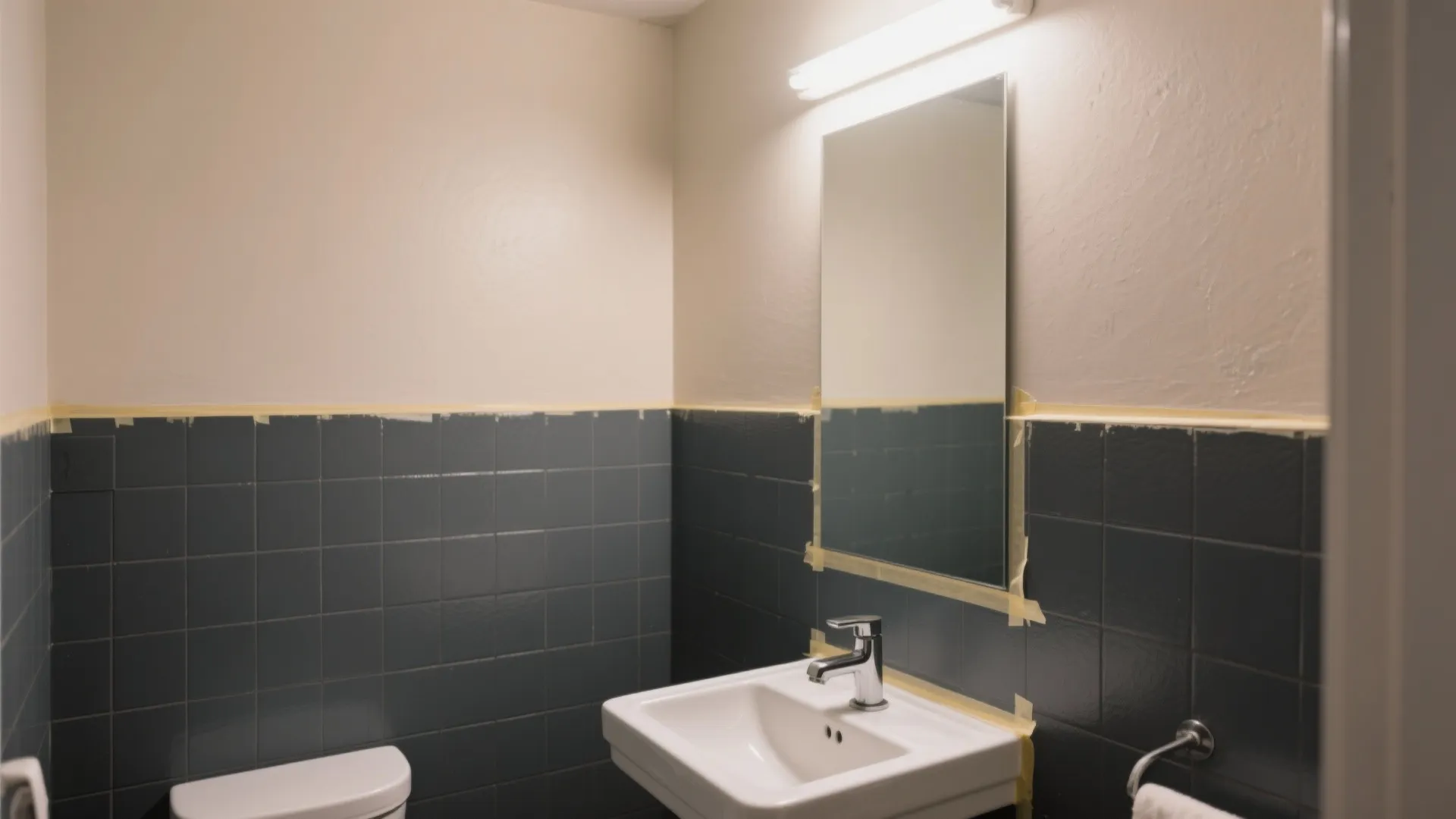 Bathroom renovation showing dark grey tiles with yellow masking tape above a white sink cabinet
