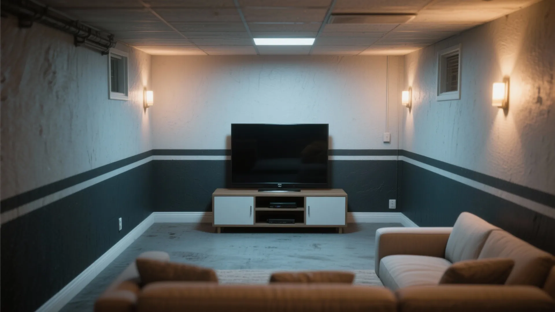 Basement TV room with darker lower third and lighter upper walls creating vertical depth.