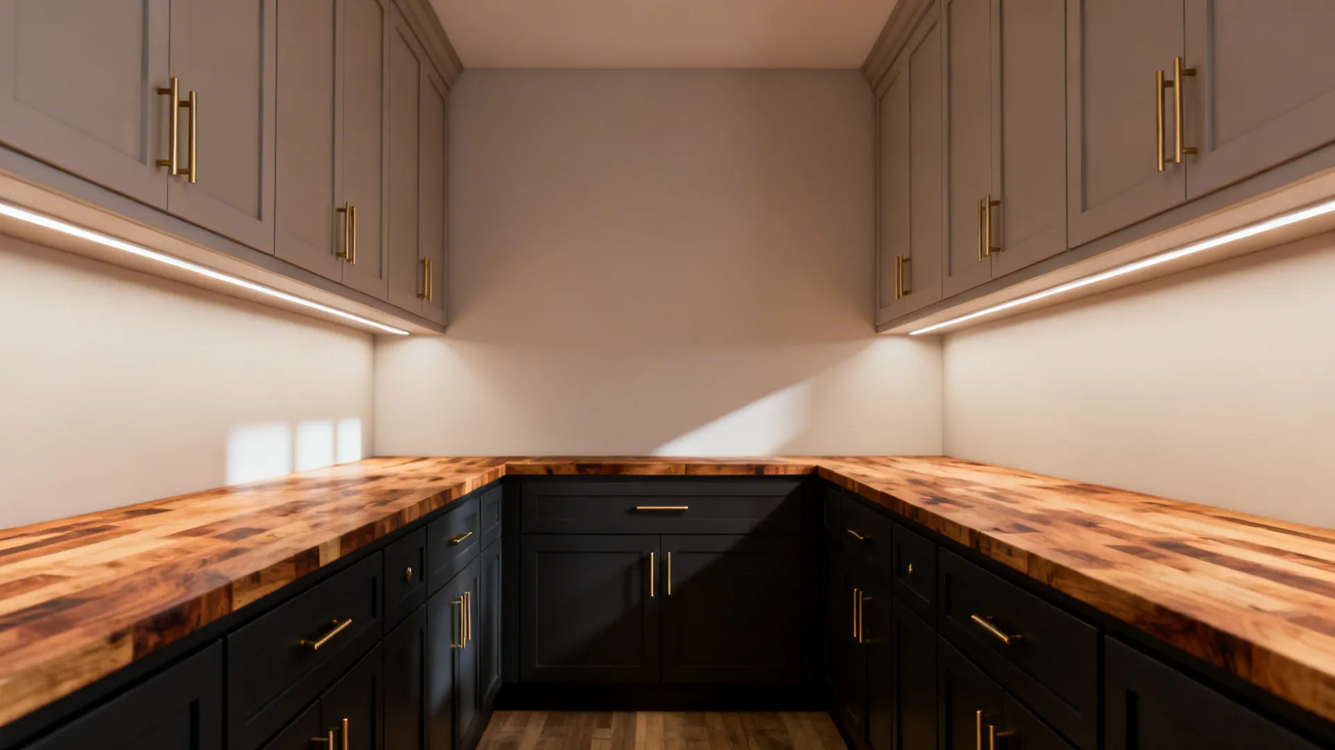 Narrow galley kitchen with light upper cabinets and dark lower cabinets creating visual depth.