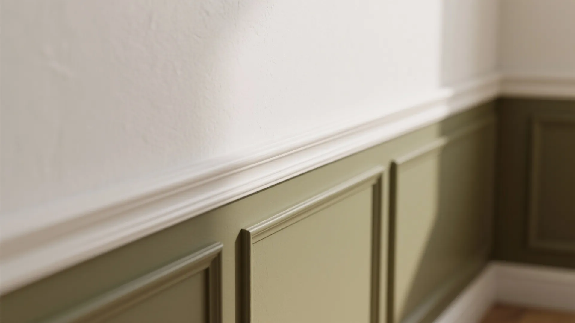 Close up of olive green wall panel with white trim under a plain white wall