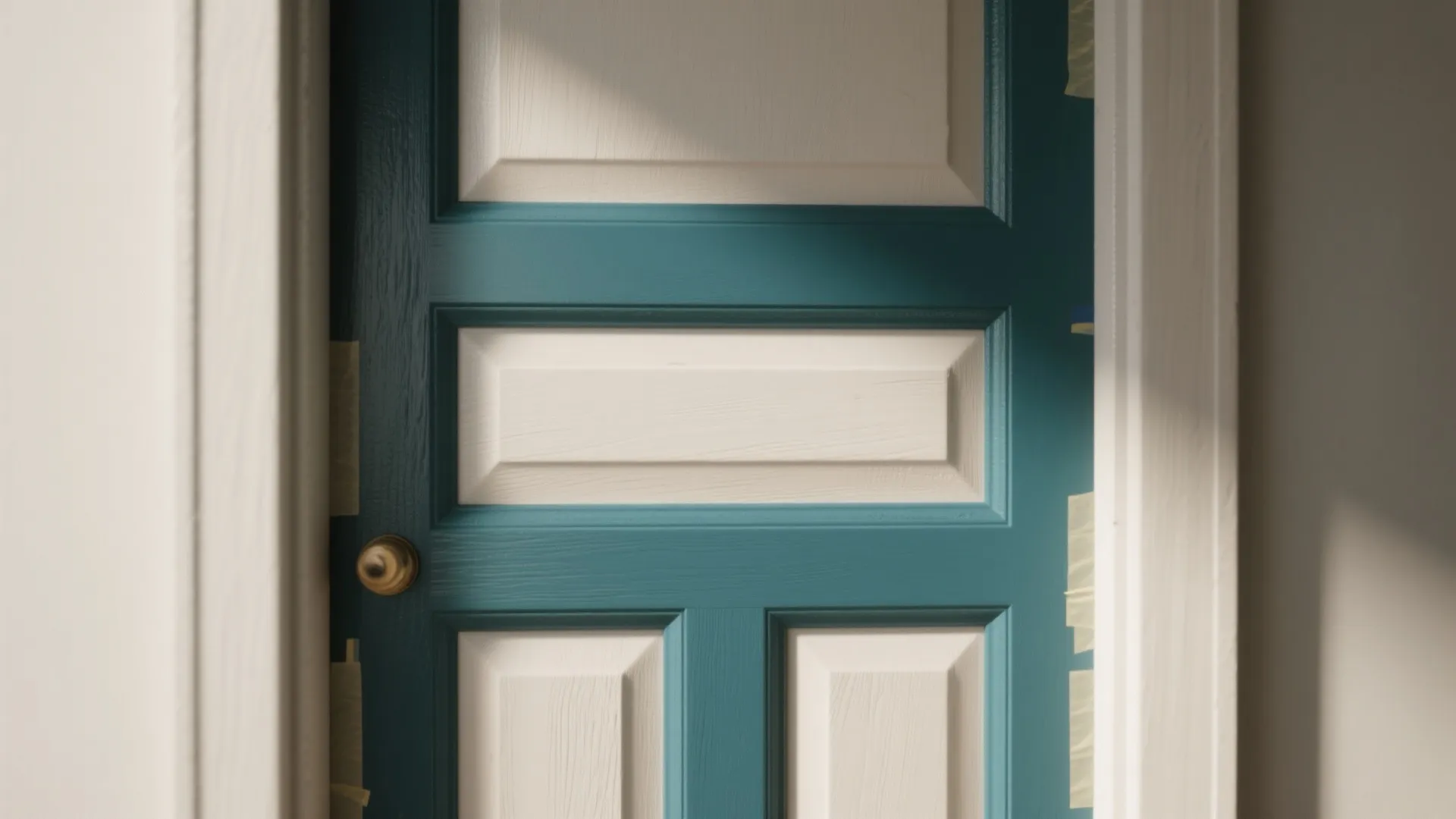 Close-up of a two-tone door showing contrasting panel and frame colors with sharp paint lines and smooth finish.