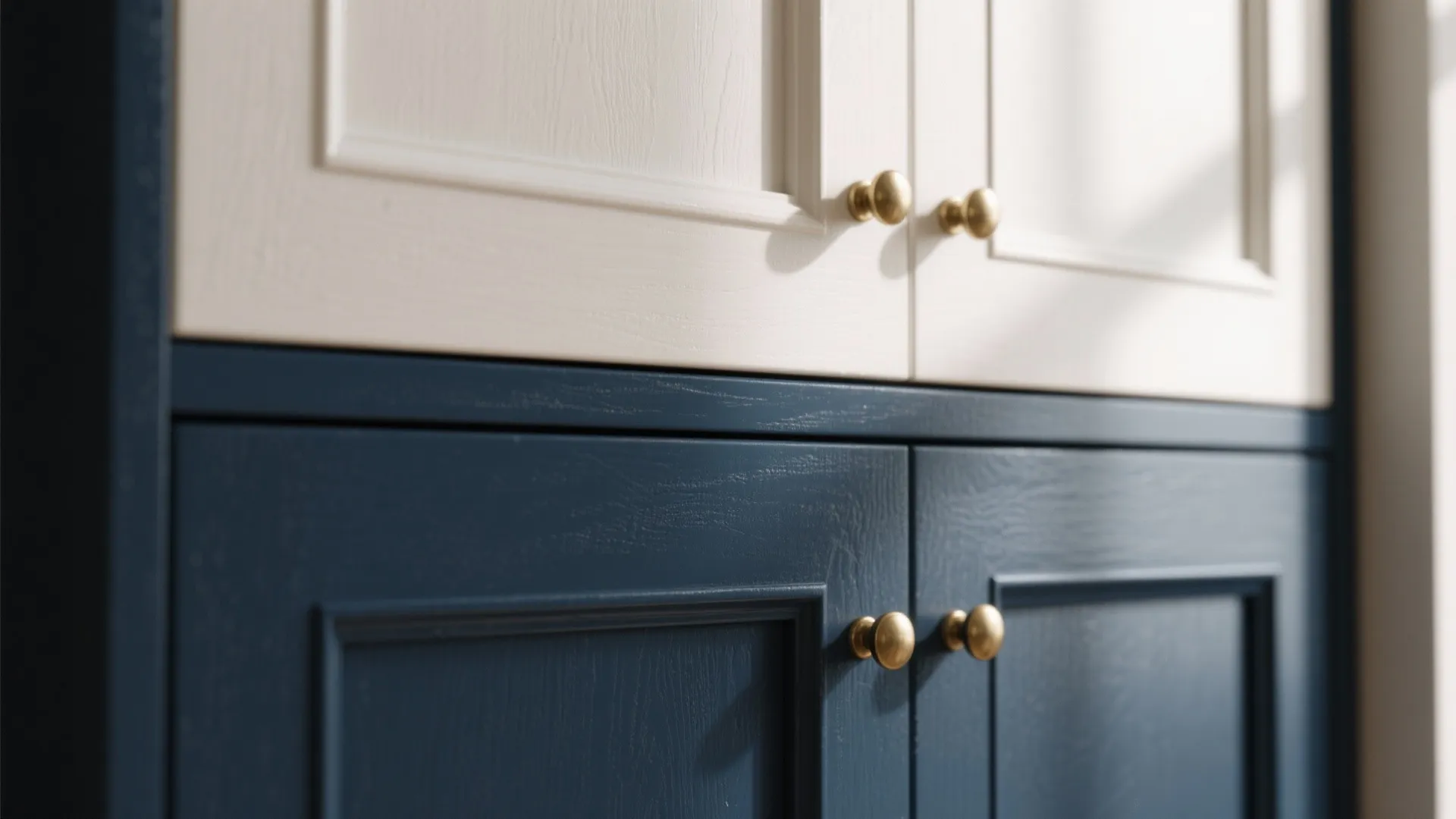 Close-up of matte navy lower cabinet and off-white upper with matching brass hardware