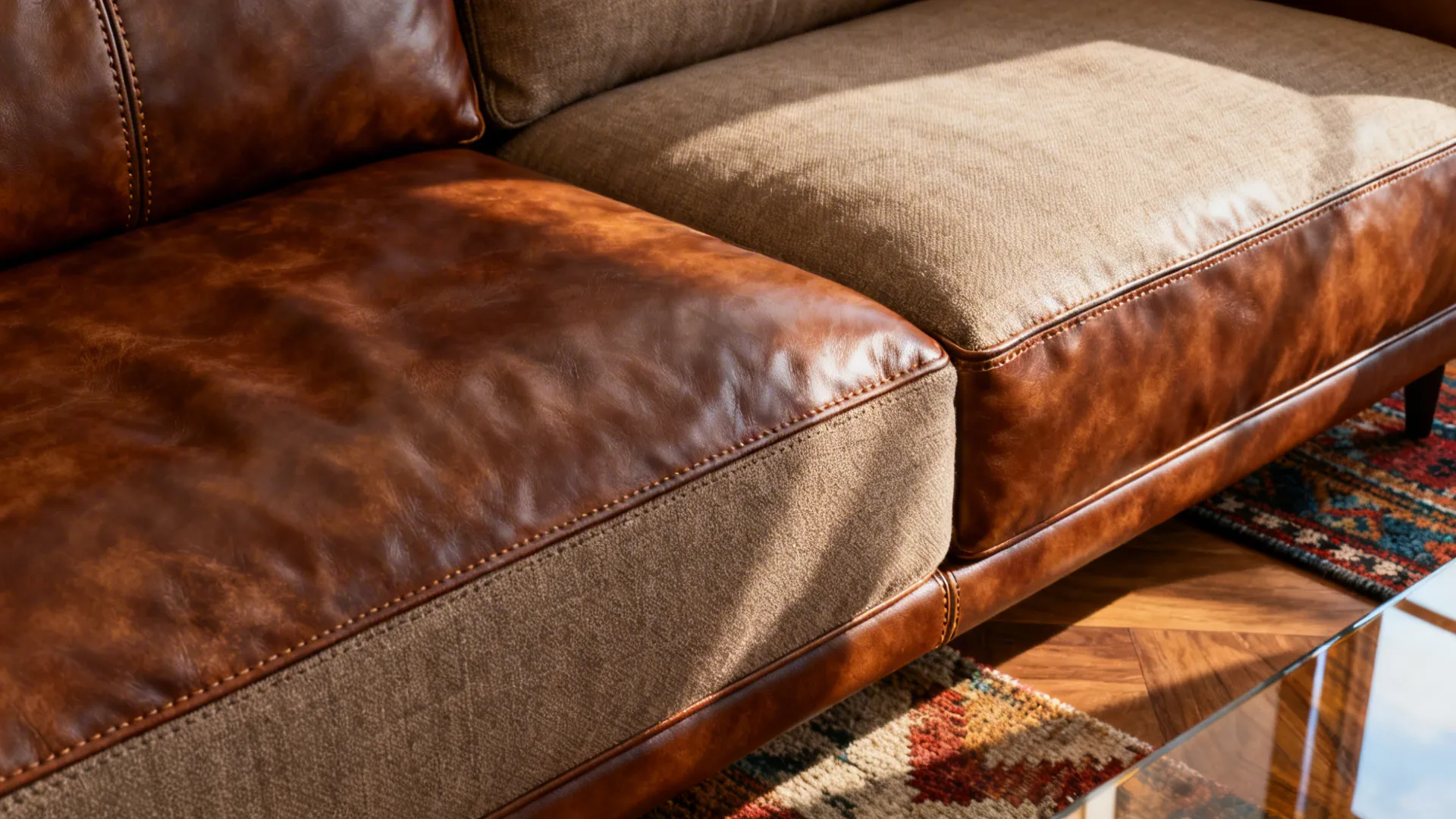 Close-up of a two-tone leather sofa showcasing contrasting materials and detailed stitching