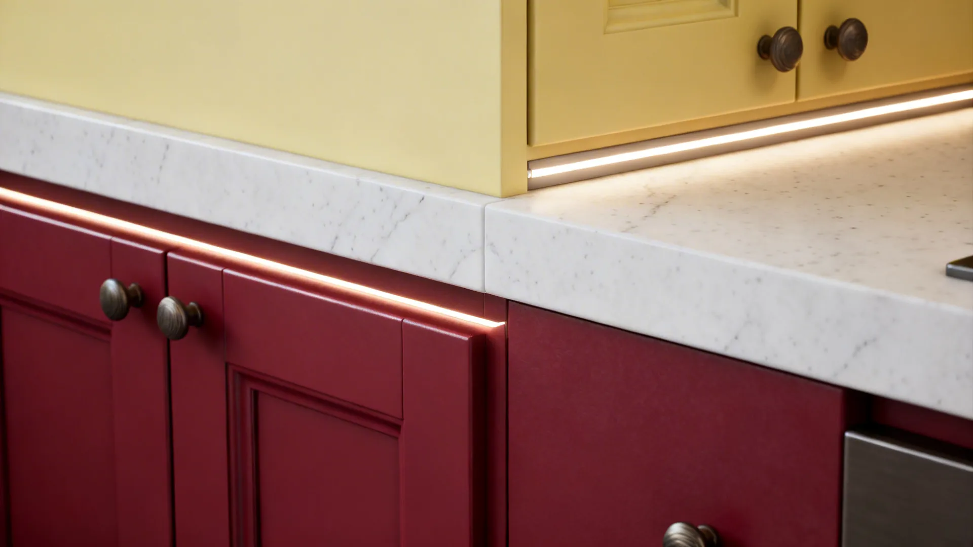 Macro view of red lower meeting yellow upper with slim light rail and white quartz.