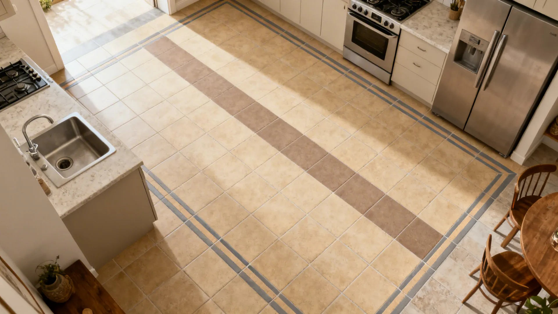 Kitchen floor featuring tan square tiles with a brown tiled runner and gray border design