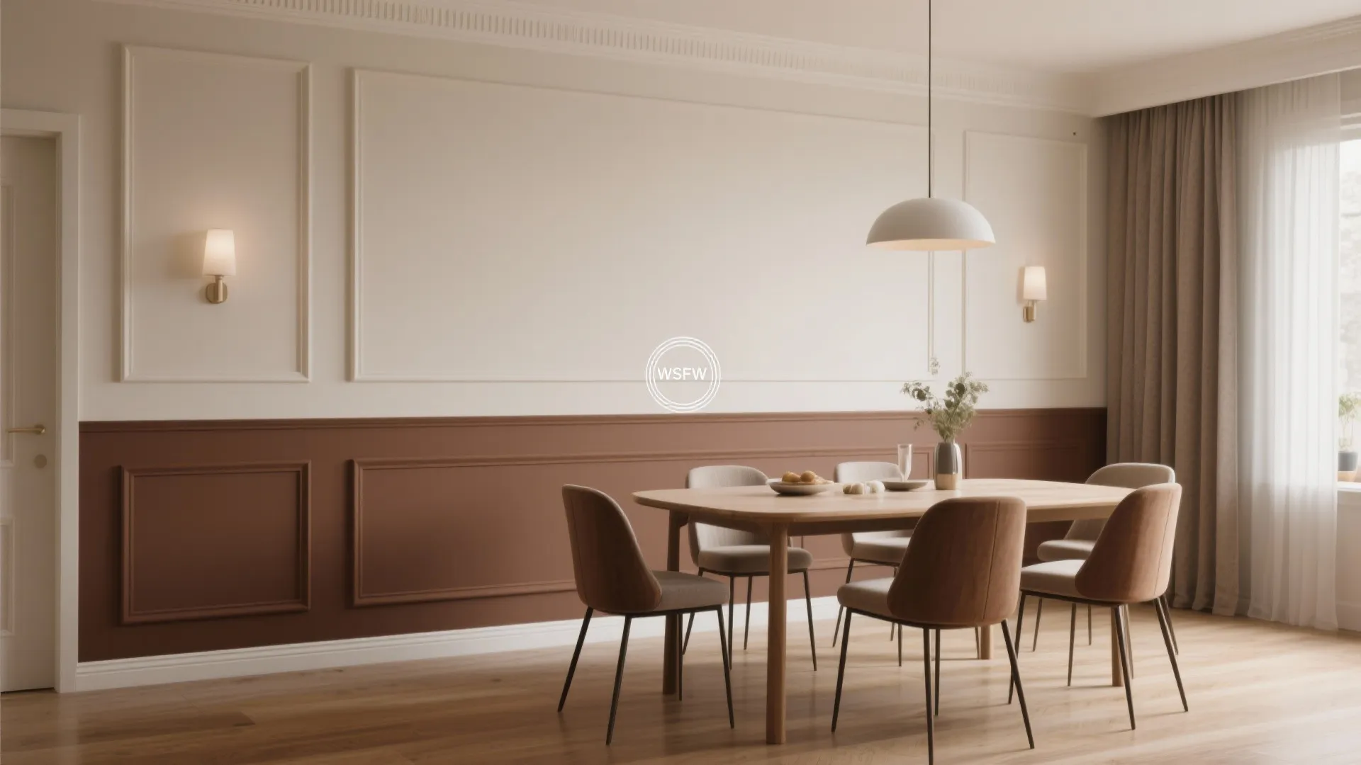 Dining room with white and brown wall panels featuring a wooden table and several chairs