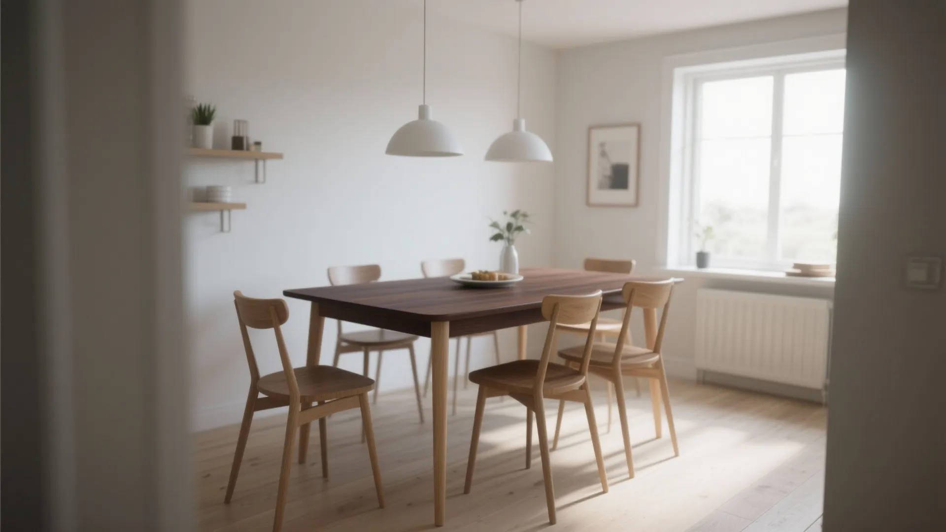 Minimalist dining room featuring wood table matching chairs white walls two ceiling lights and large windows
