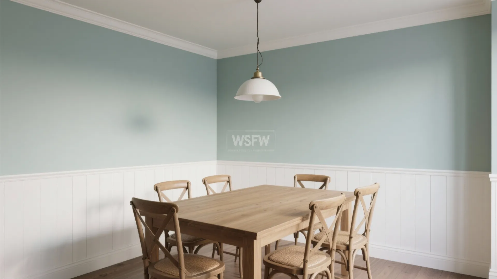 Dining room with light blue walls white wall panels wooden table chairs and white light