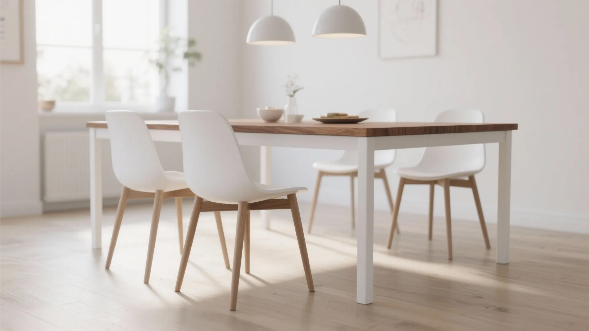 Two-tone dining table with white legs and walnut top