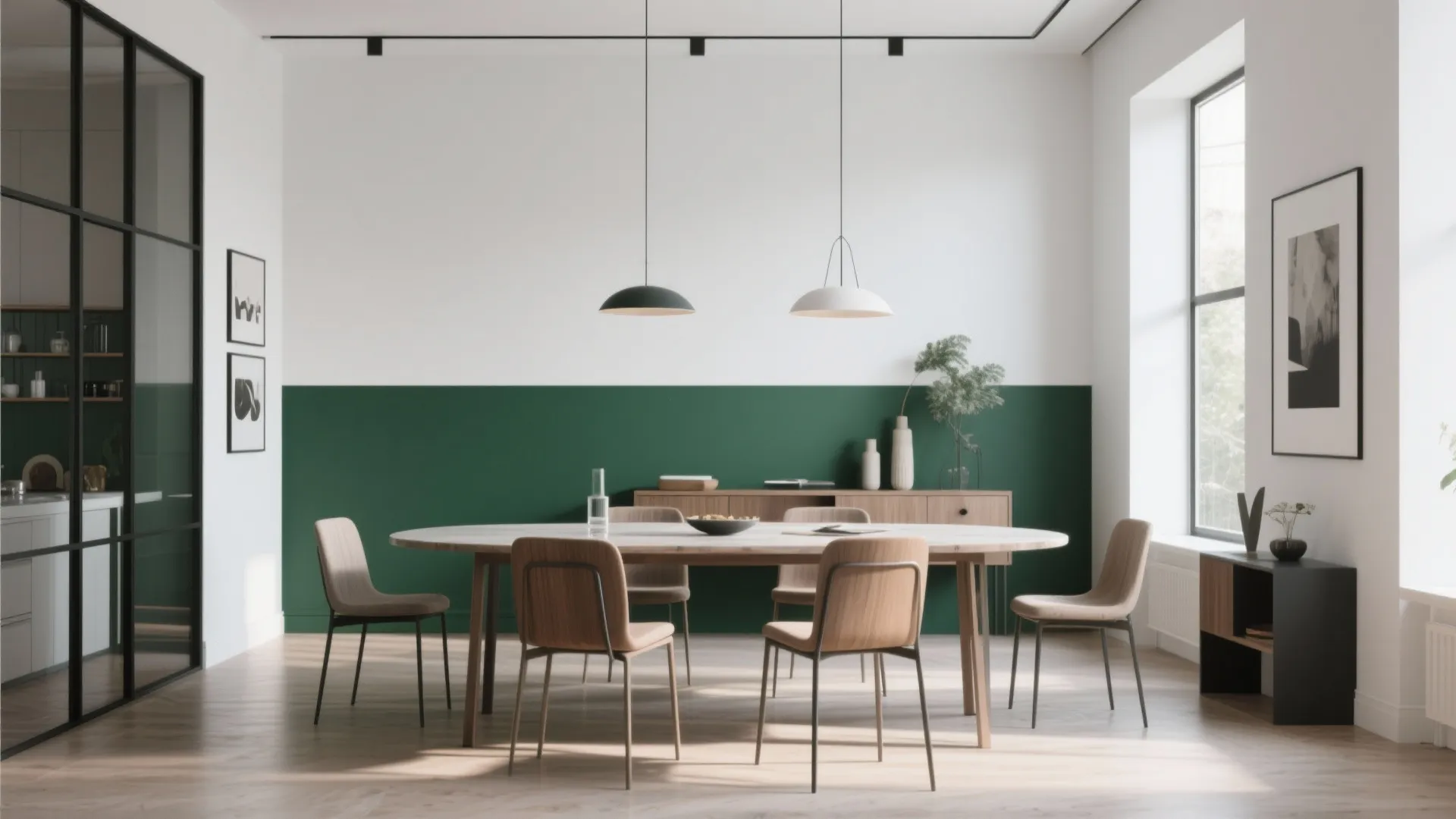 Two-tone split wall in dining room with green and white contrast