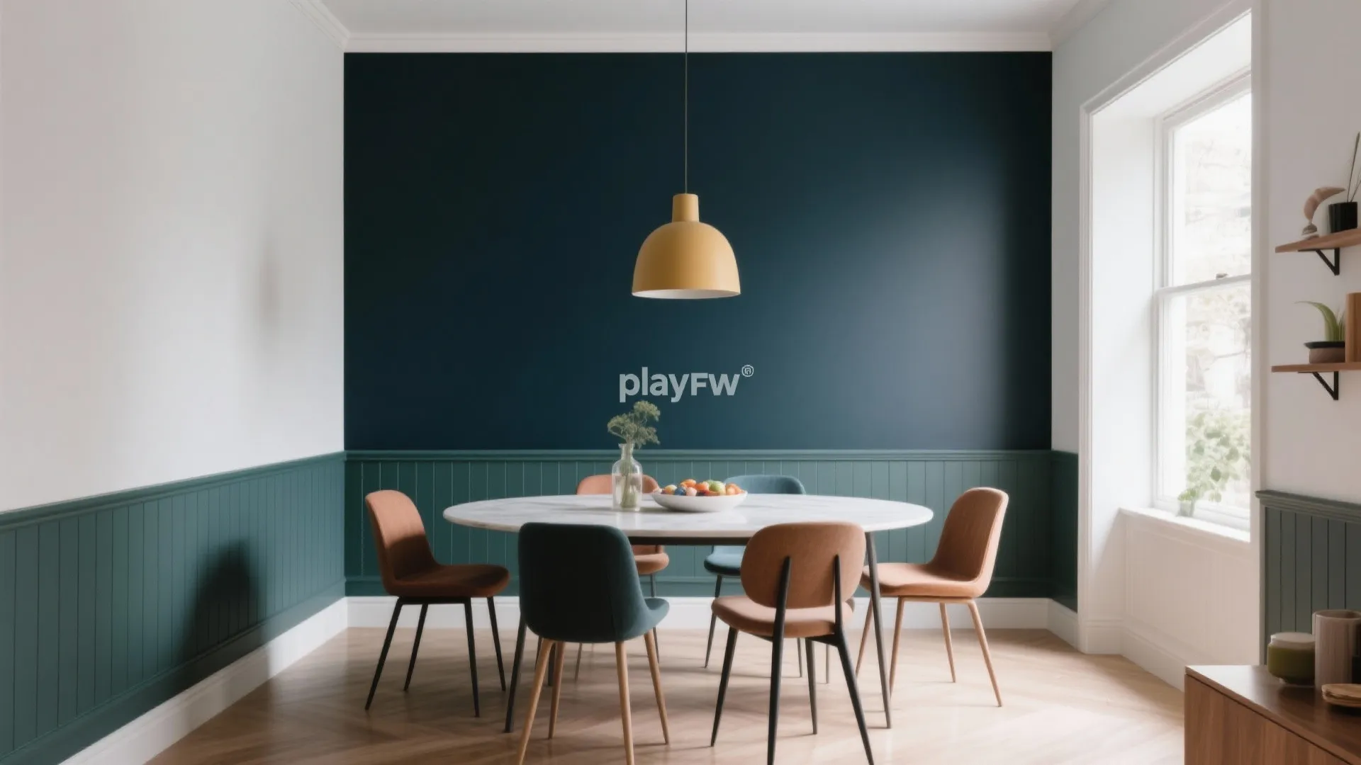 Dining room with two-tone walls featuring lighter and darker shades