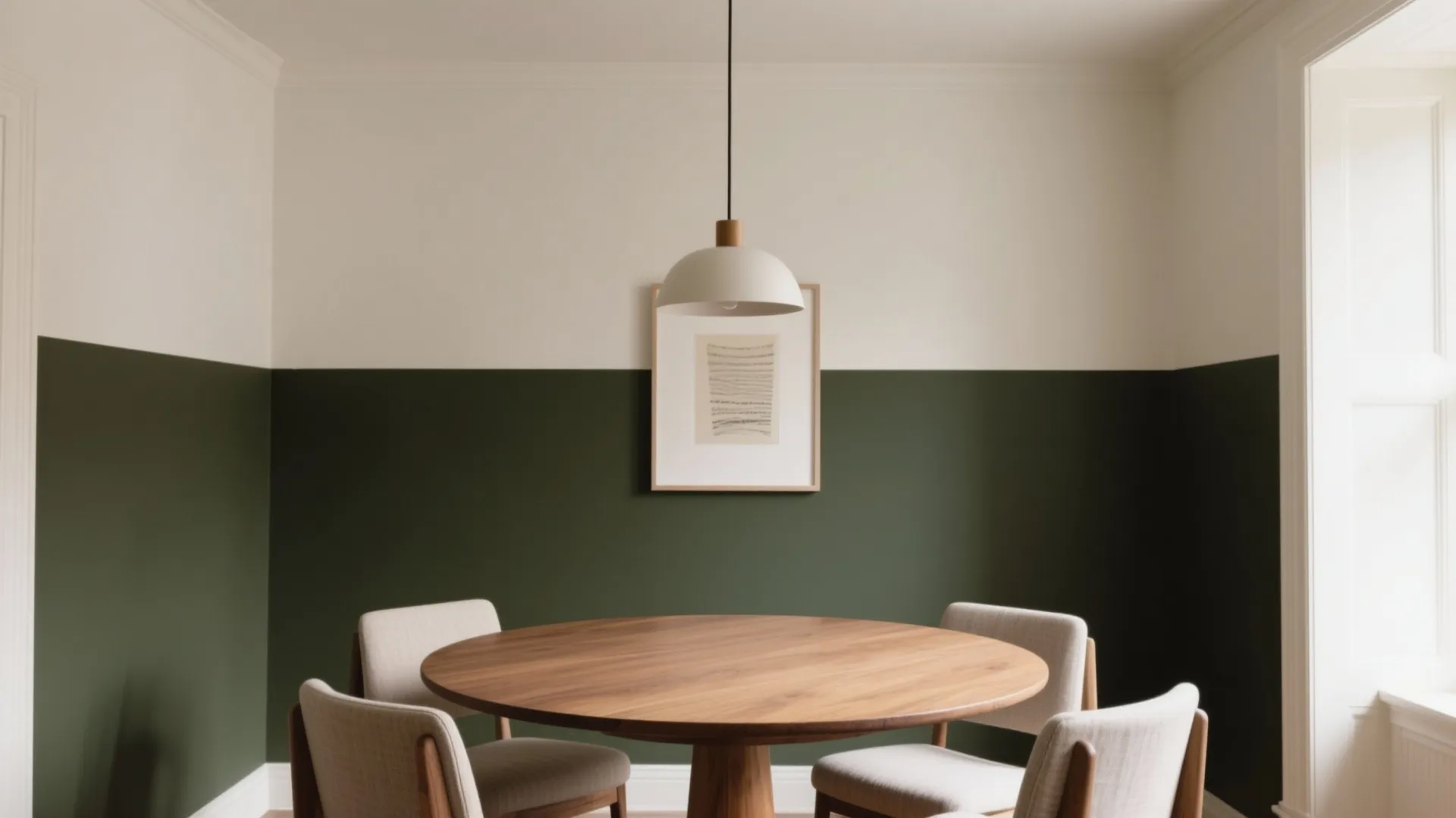 Dining room with white and dark green walls plus round wooden table and four chairs