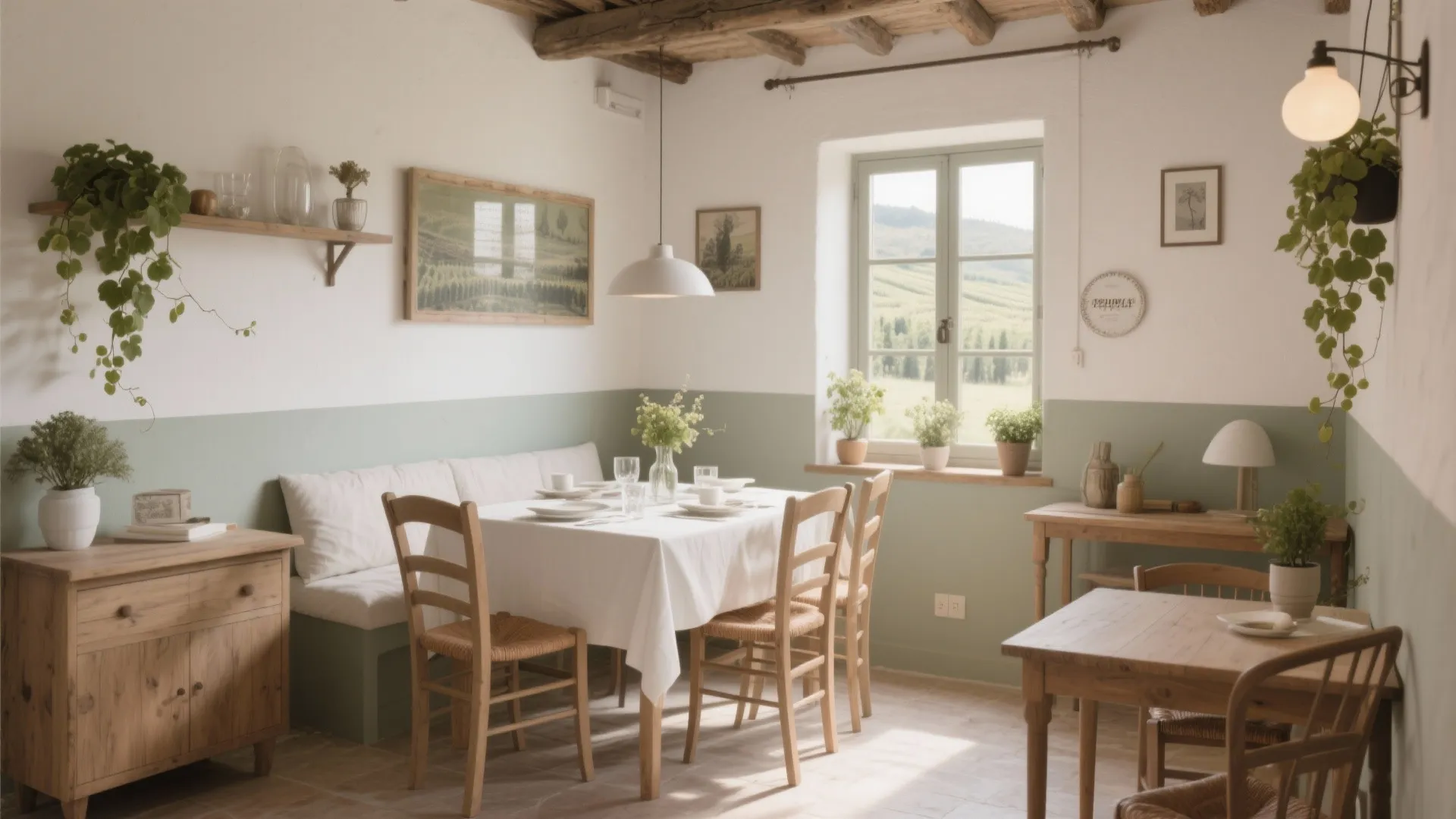 Rustic dining area featuring sage green wall paint wooden cabinet white tablecloth and many potted plants