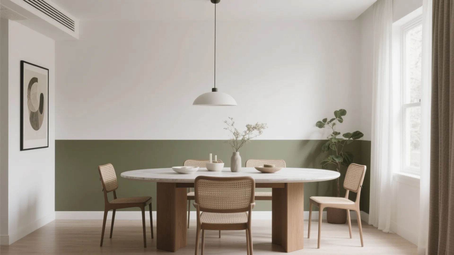 Modern dining room with marble table, wooden chairs, white ceiling light and green wall panel