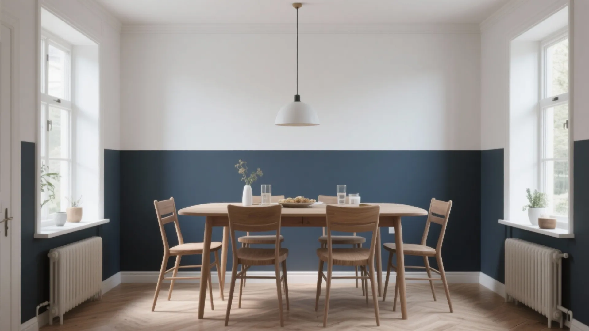 Modern dining room with blue and white walls wooden table set ceiling light and natural light