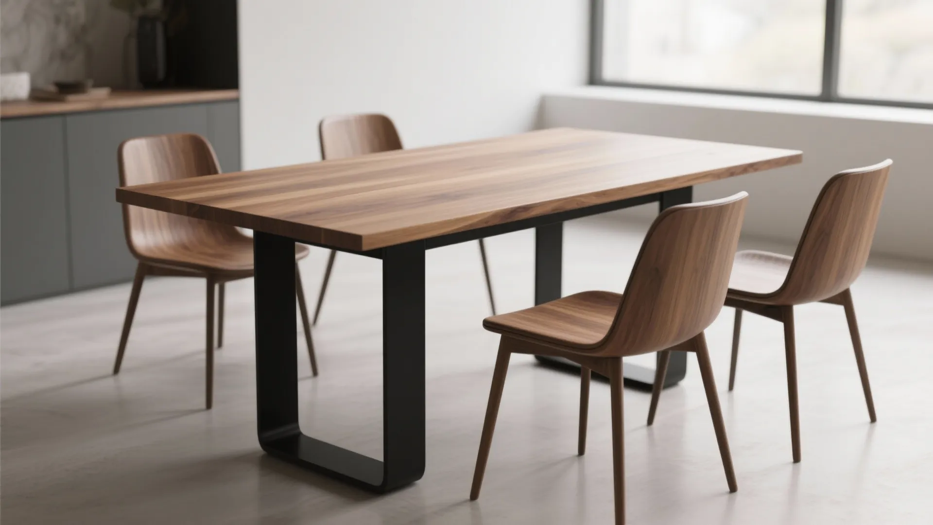 Modern wood dining table with black legs and matching chairs in a bright minimalist room