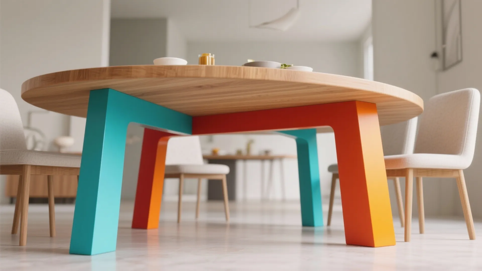 Round wooden dining table with bright blue and orange legs in a modern white room