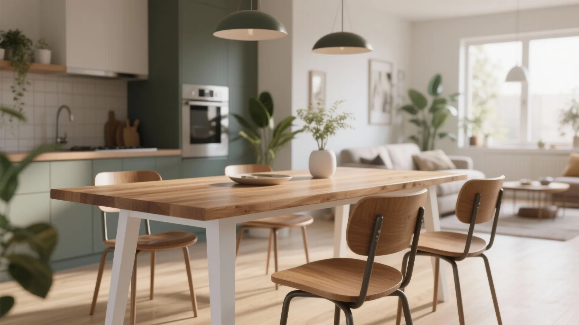 Dining table with white legs and a natural wood top in an open-plan room