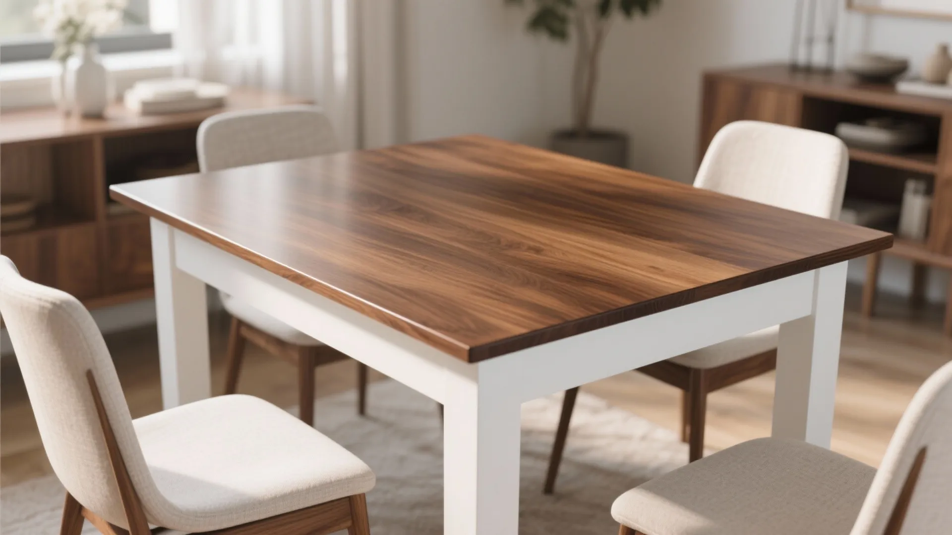 Modern rectangular dining table with dark wood top white legs and beige chairs in kitchen