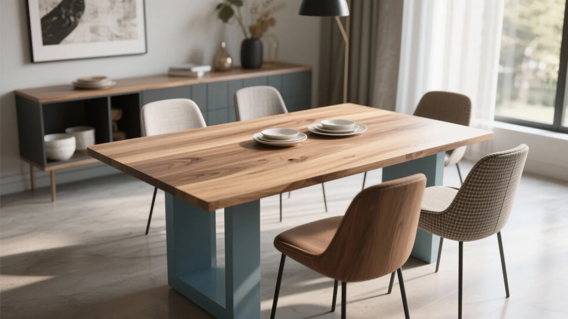 Rectangular wood dining table with blue legs grey chairs and a dark cabinet in background