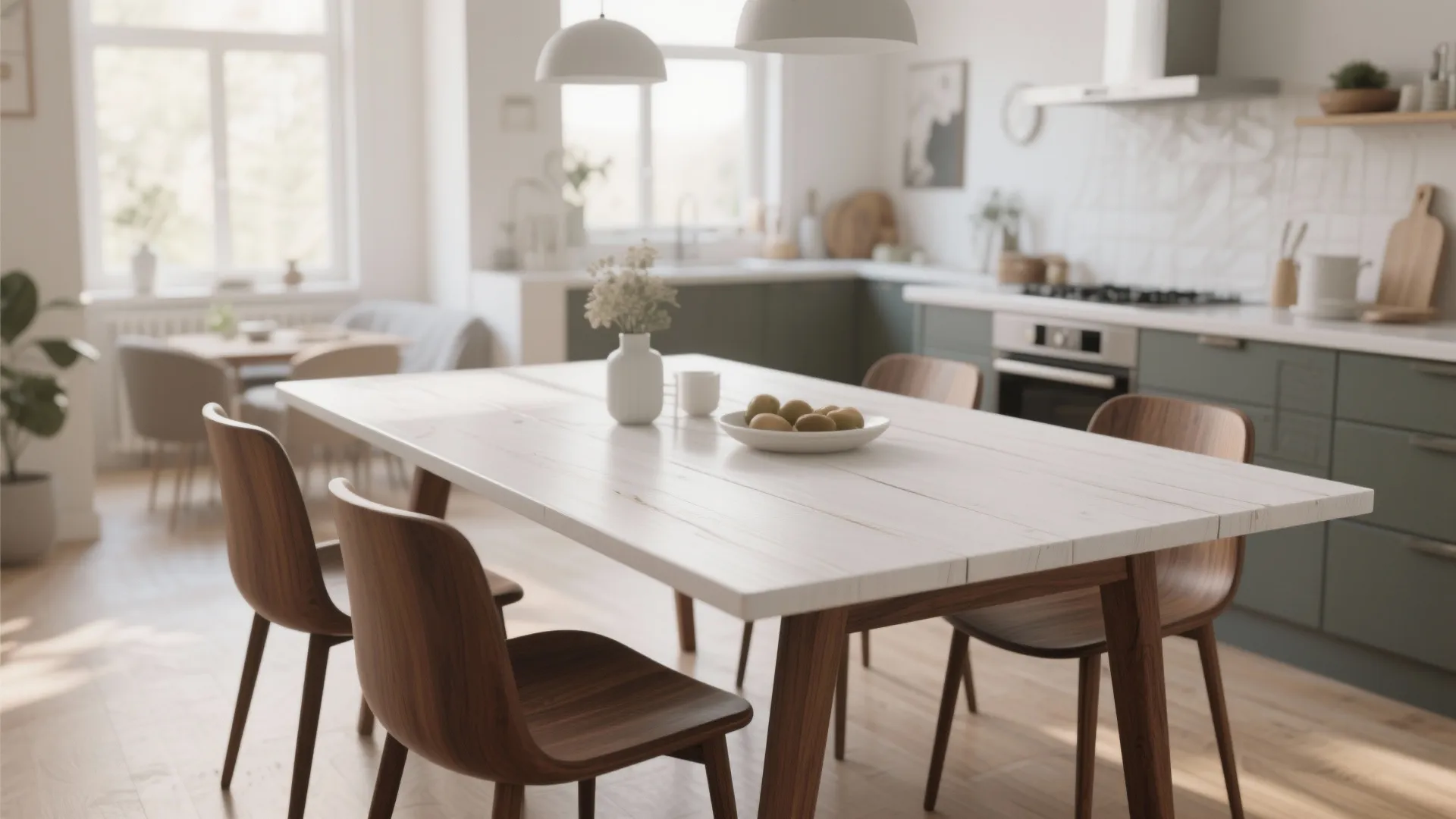 Whitewashed top and walnut-leg dining table in modern kitchen