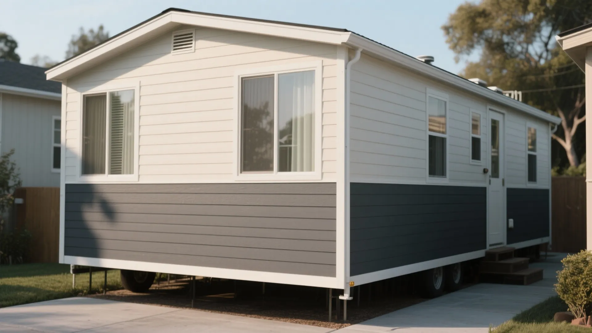 Modern mobile home exterior with two-tone siding featuring white top and dark grey bottom colors