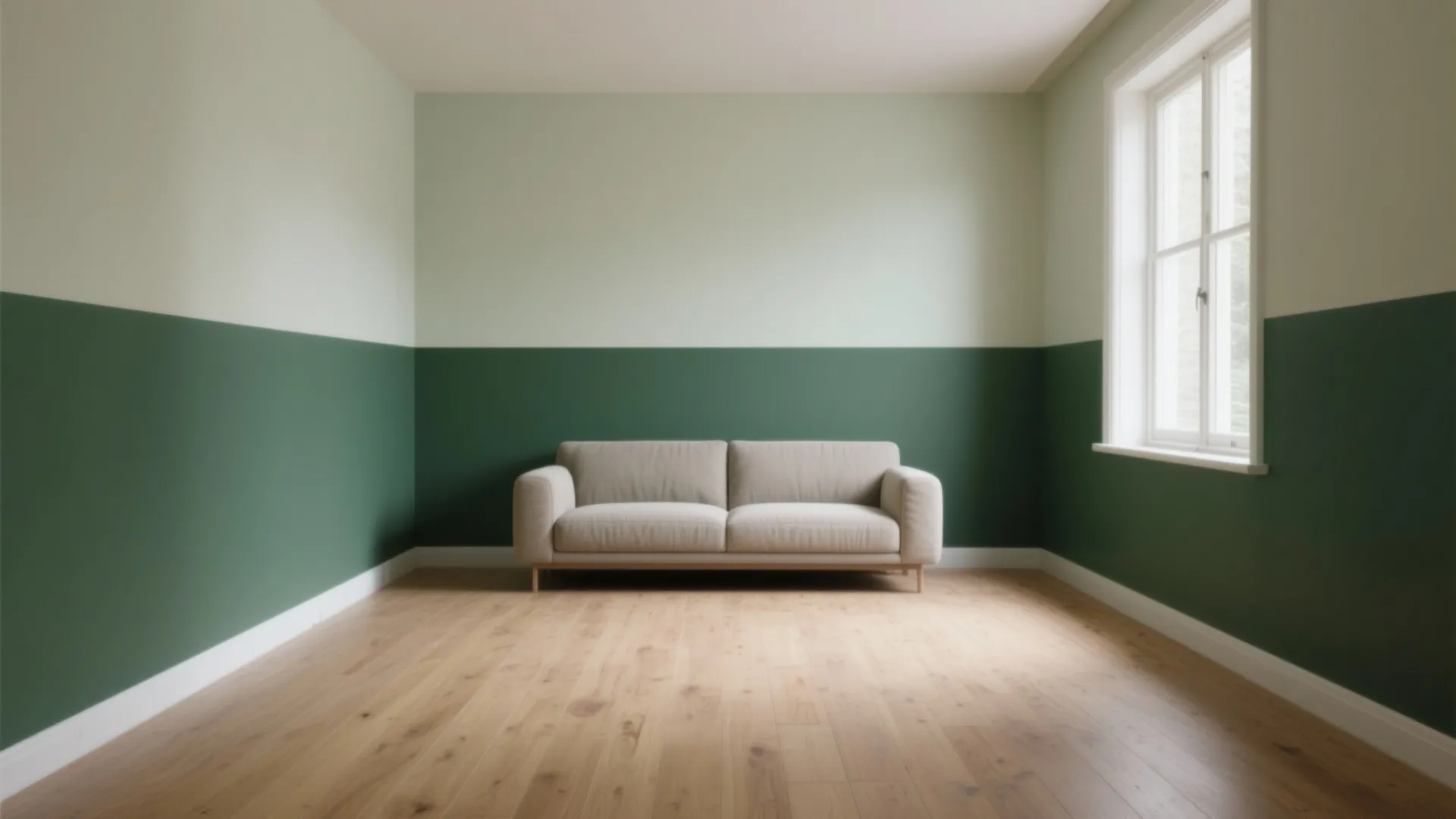 Living room with green two tone walls beige sofa wood floor and a large bright window