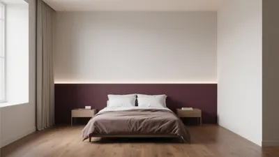 Modern Bedroom with Burgundy Accent Wall & Ambient Lighting
