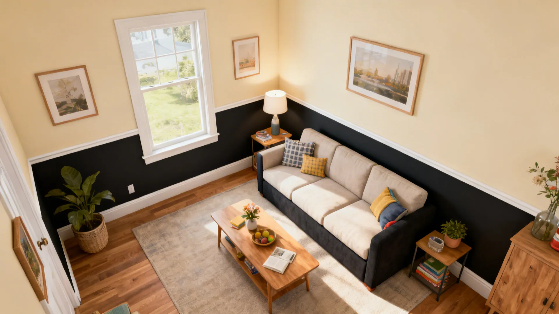 Small living room with a chair-rail division: cream above and deep charcoal below, family-friendly aesthetic.