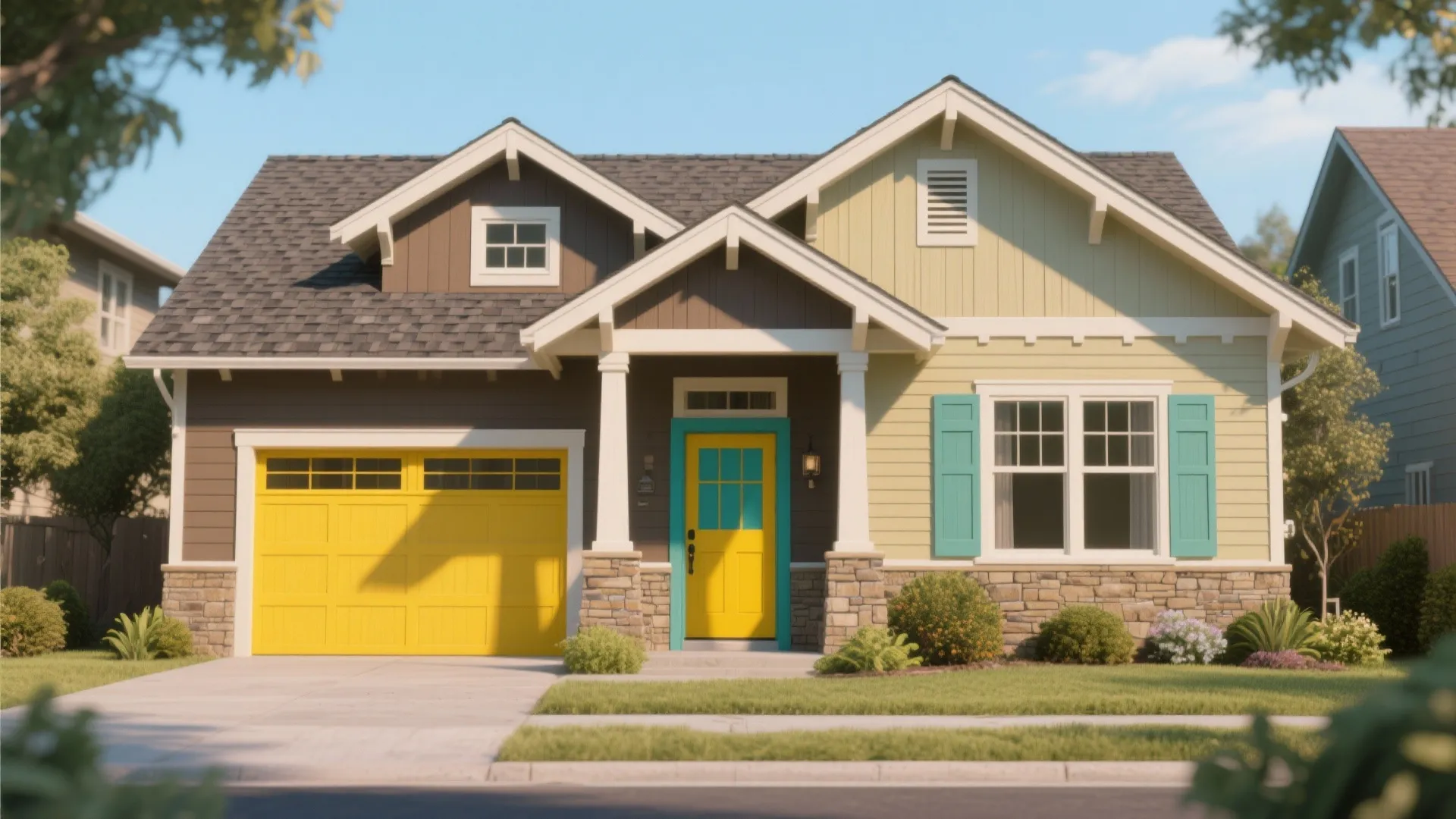 Two-tone house exterior with yellow garage door and bright blue front door and stone walls