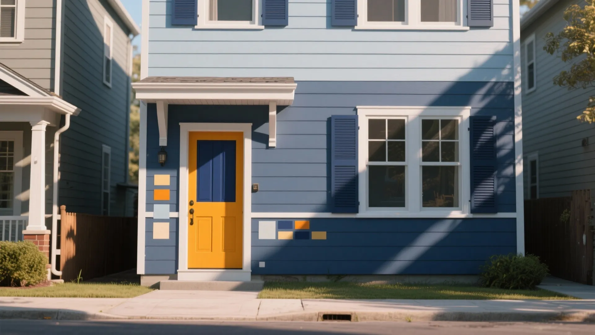 Two-tone blue-grey house with darker base, lighter upper, and a bold marigold front door under soft daylight.
