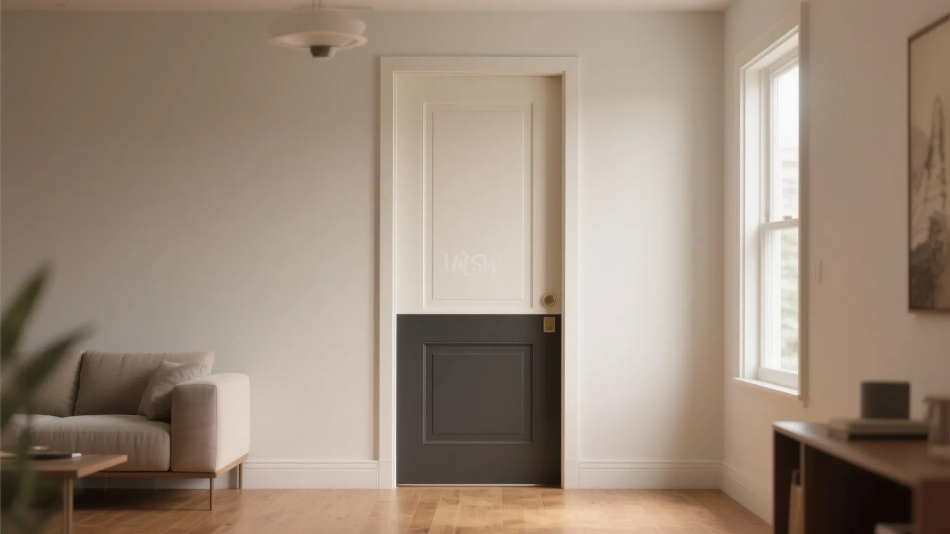 Minimalist living room featuring a two-tone white and black door with beige sofa and windows