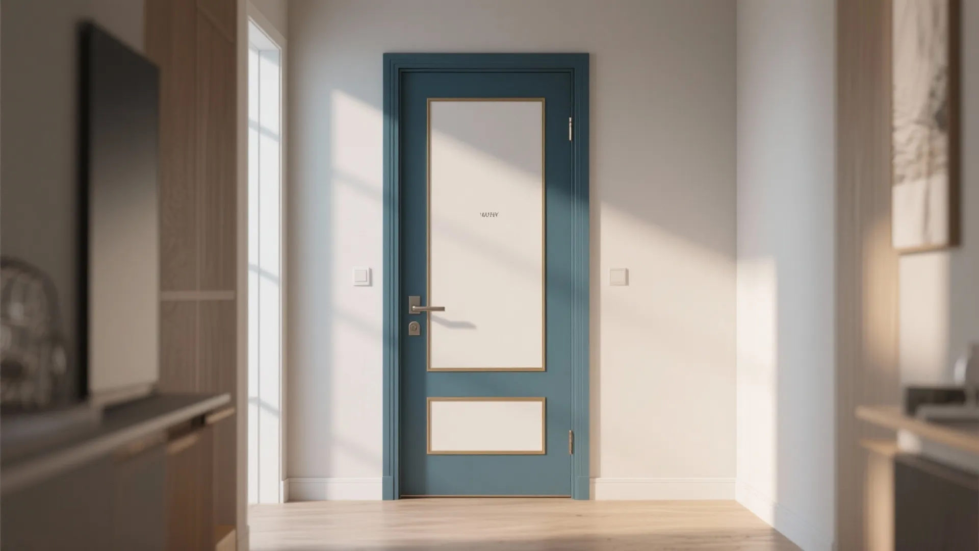 Modern blue interior door with gold trim and white panels in a bright hallway setting