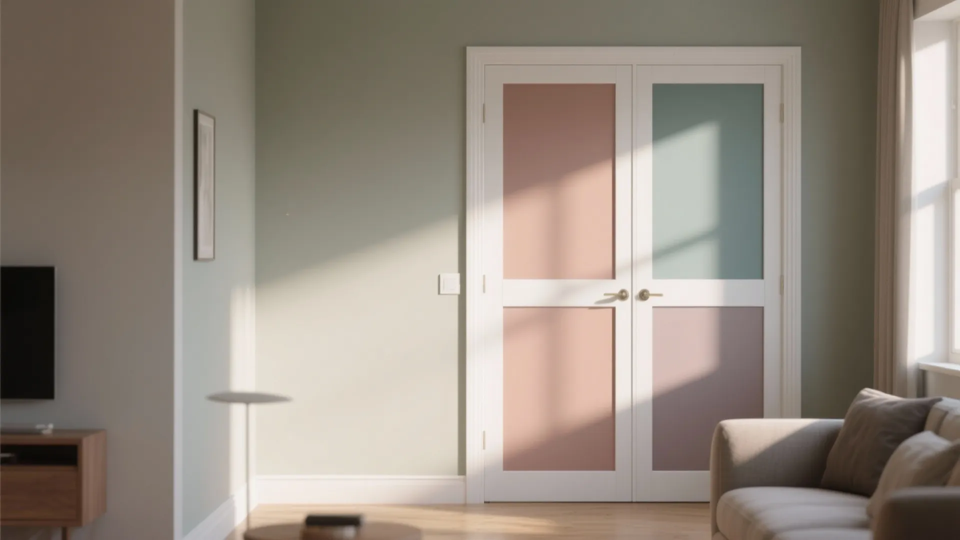 Living room with green walls white double doors having pink green and purple painted door panels