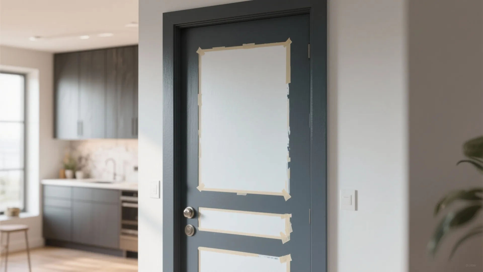 Grey room door with paper and tape for painting preparation next to a modern kitchen