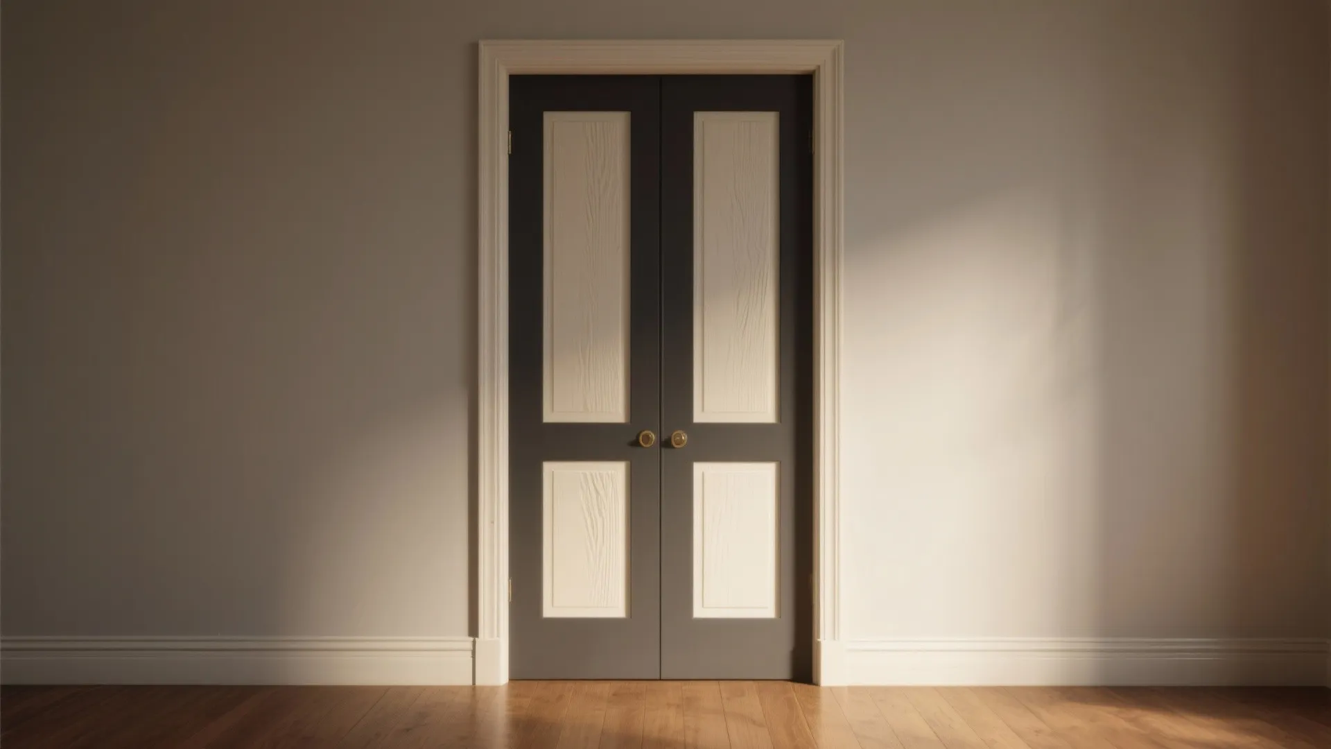 Front-on view of a two-tone interior door with lighter panels and darker trim, showing crisp lines and depth.