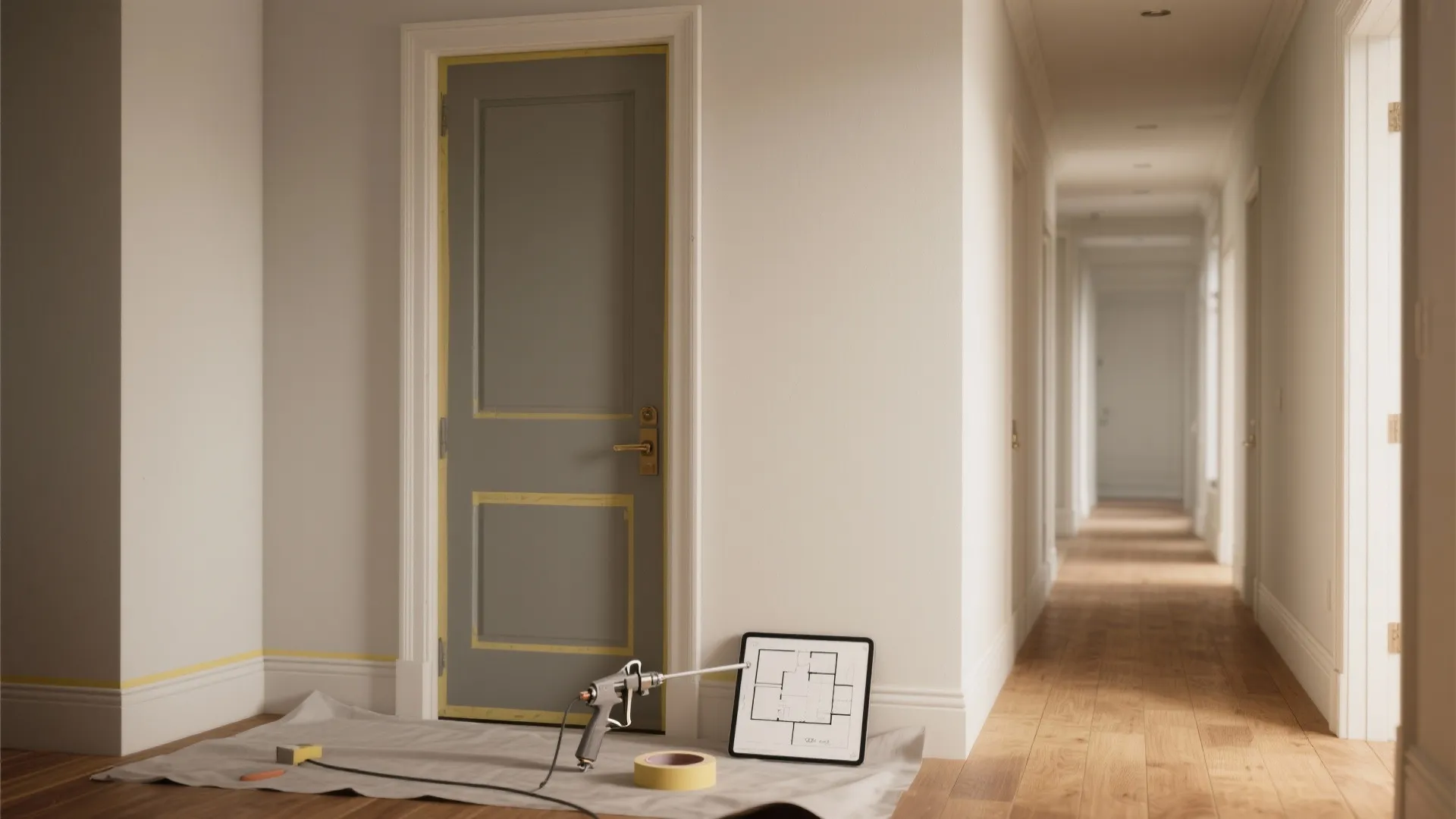 Grey door with yellow painters tape near interior design drawing and paint tools in hallway