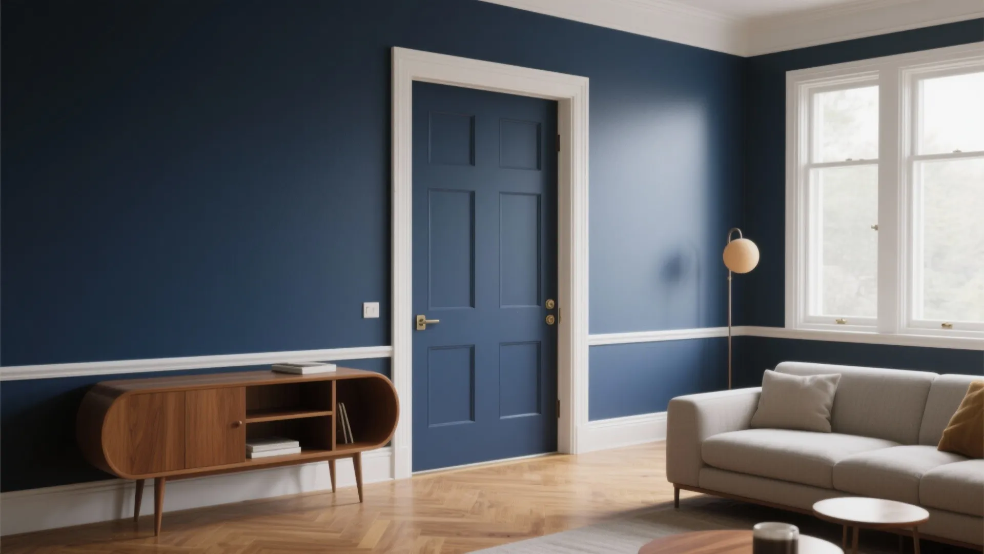 Living room with a deep navy interior door and warm white window casings used as two-tone trim accents, creating personality.