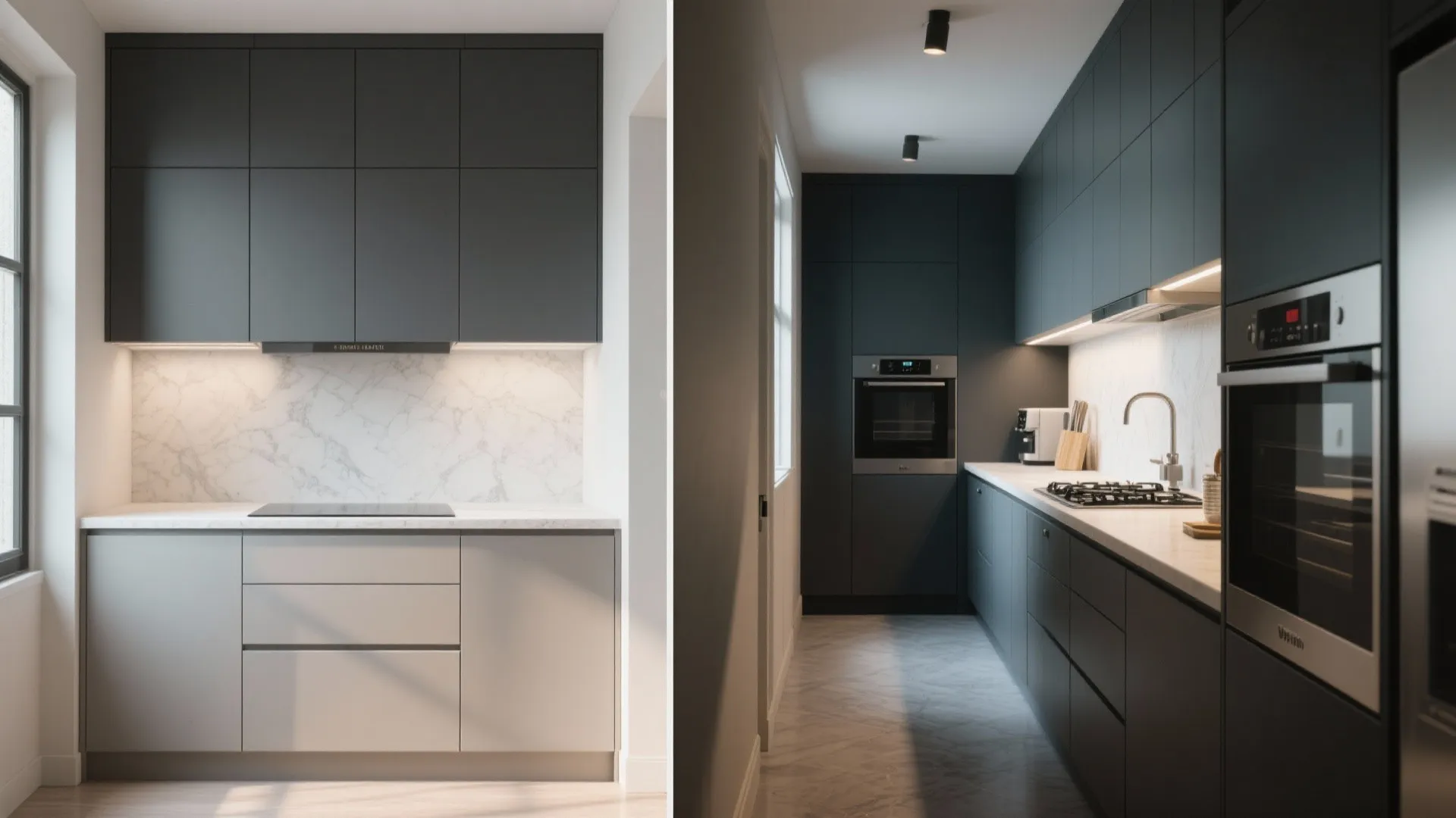 Split-screen kitchen showing two-tone approach with dark grey above and lighter base versus the reverse, demonstrating visual balance.