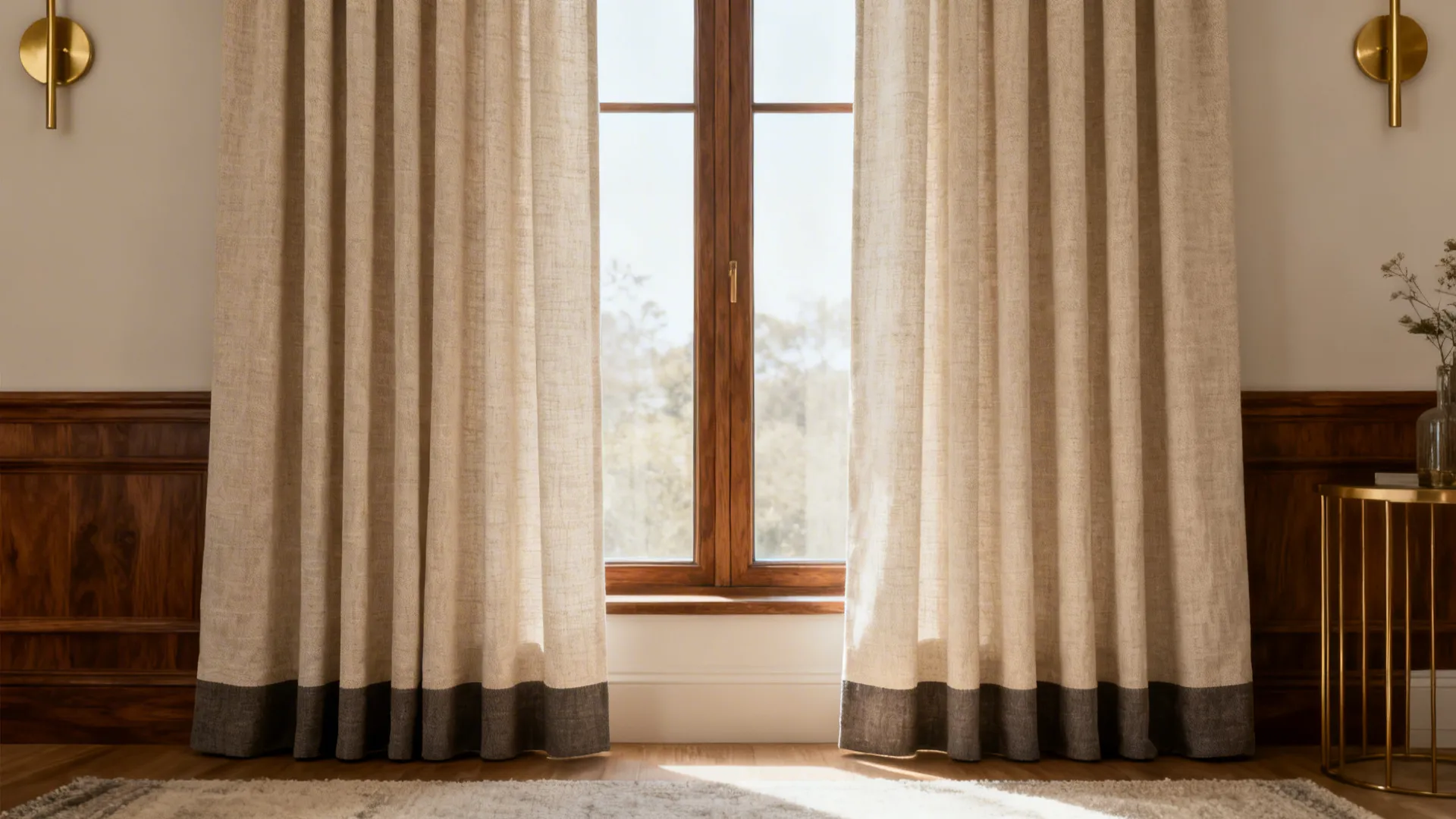 Oatmeal drapery with a darker hem band adds tailored depth in a small living room.