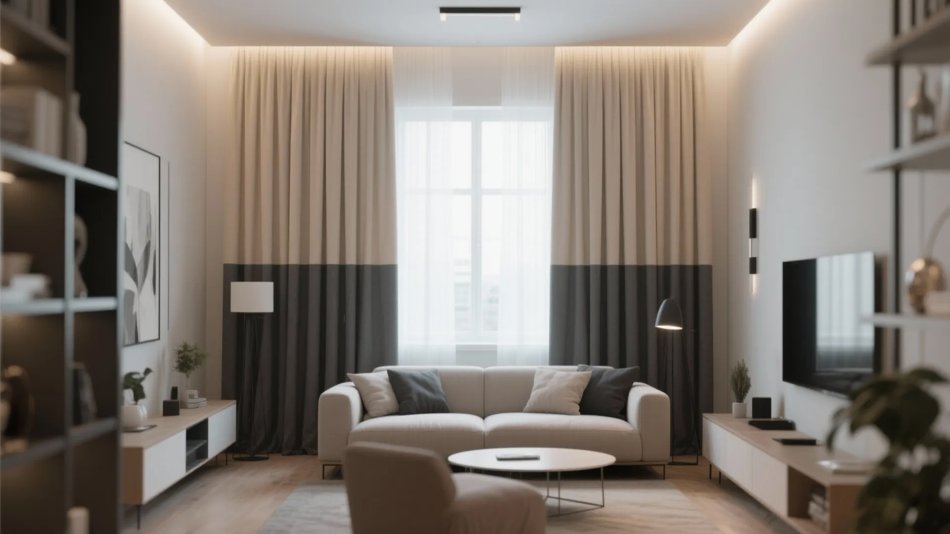 Modern living room featuring two tone grey and beige curtains with a white fabric sofa