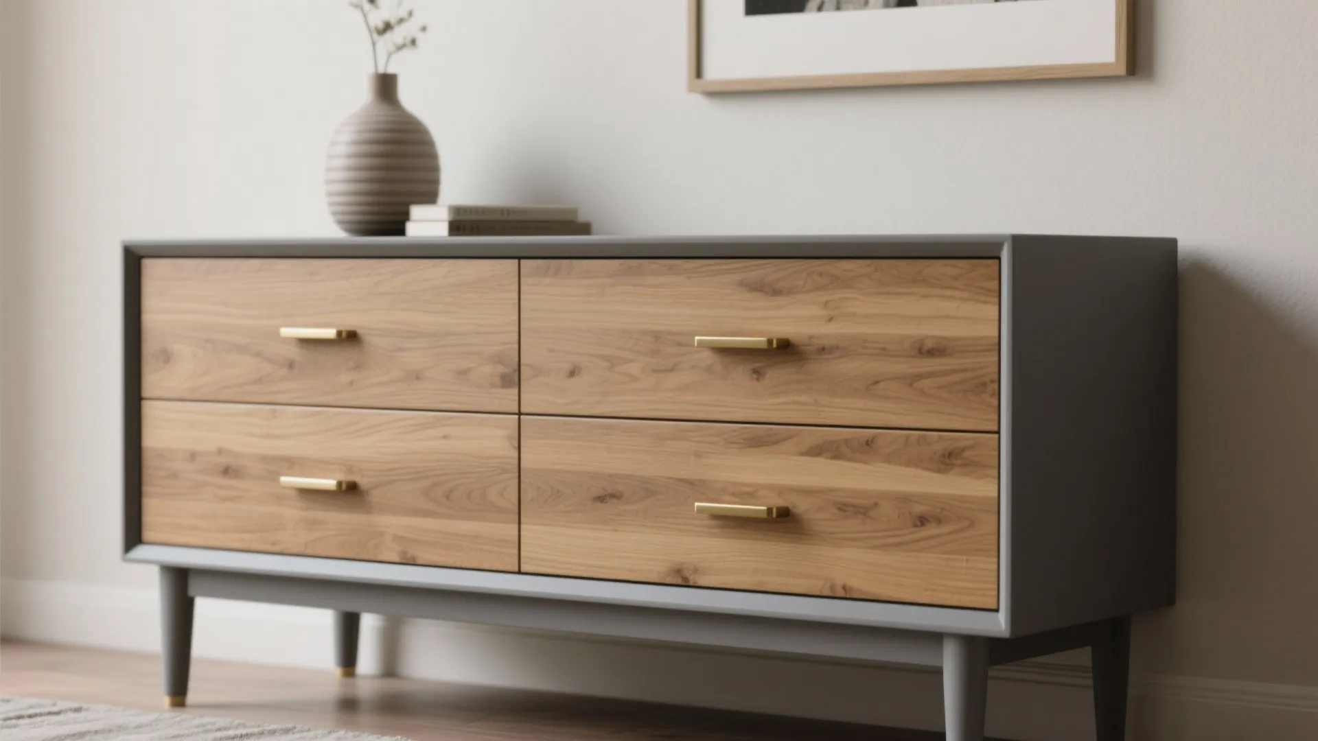 Grey dresser with natural wood drawers and brass pulls in a small bedroom