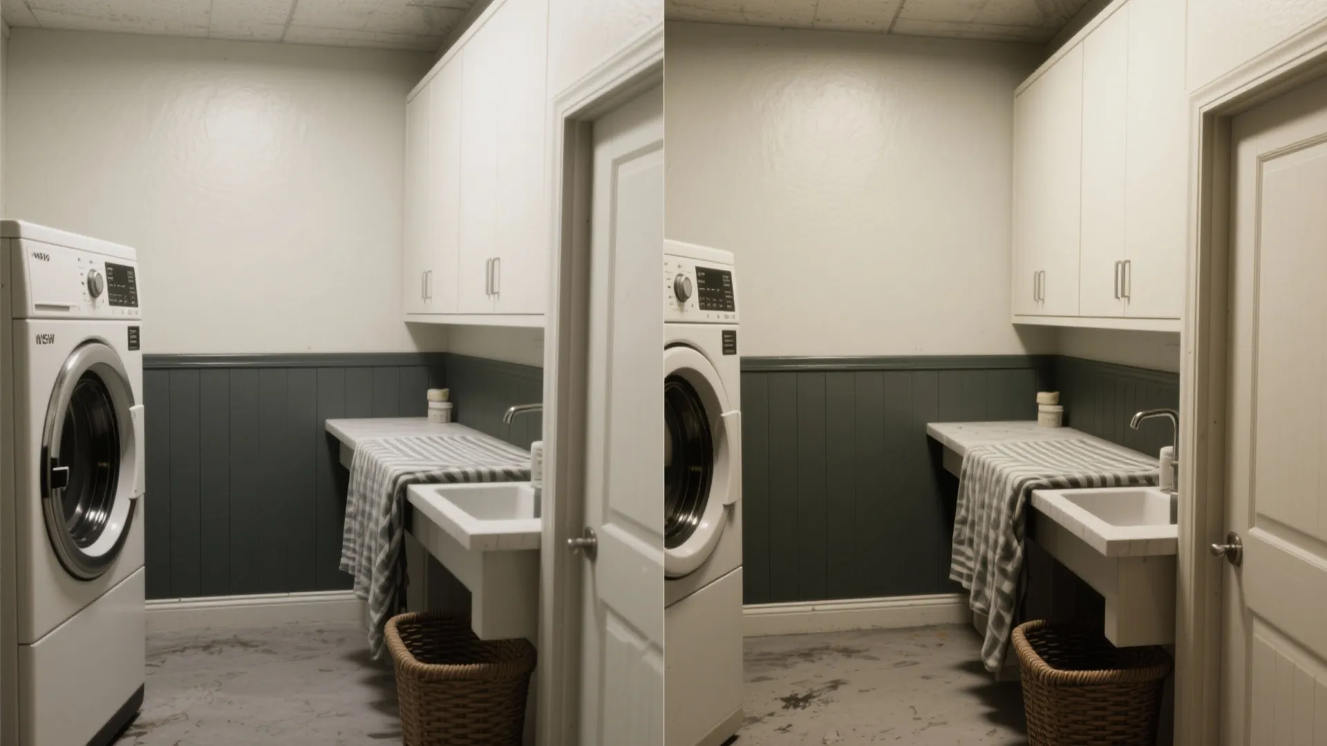 Laundry room with white washing machine white cabinets grey wall panel sink and woven basket