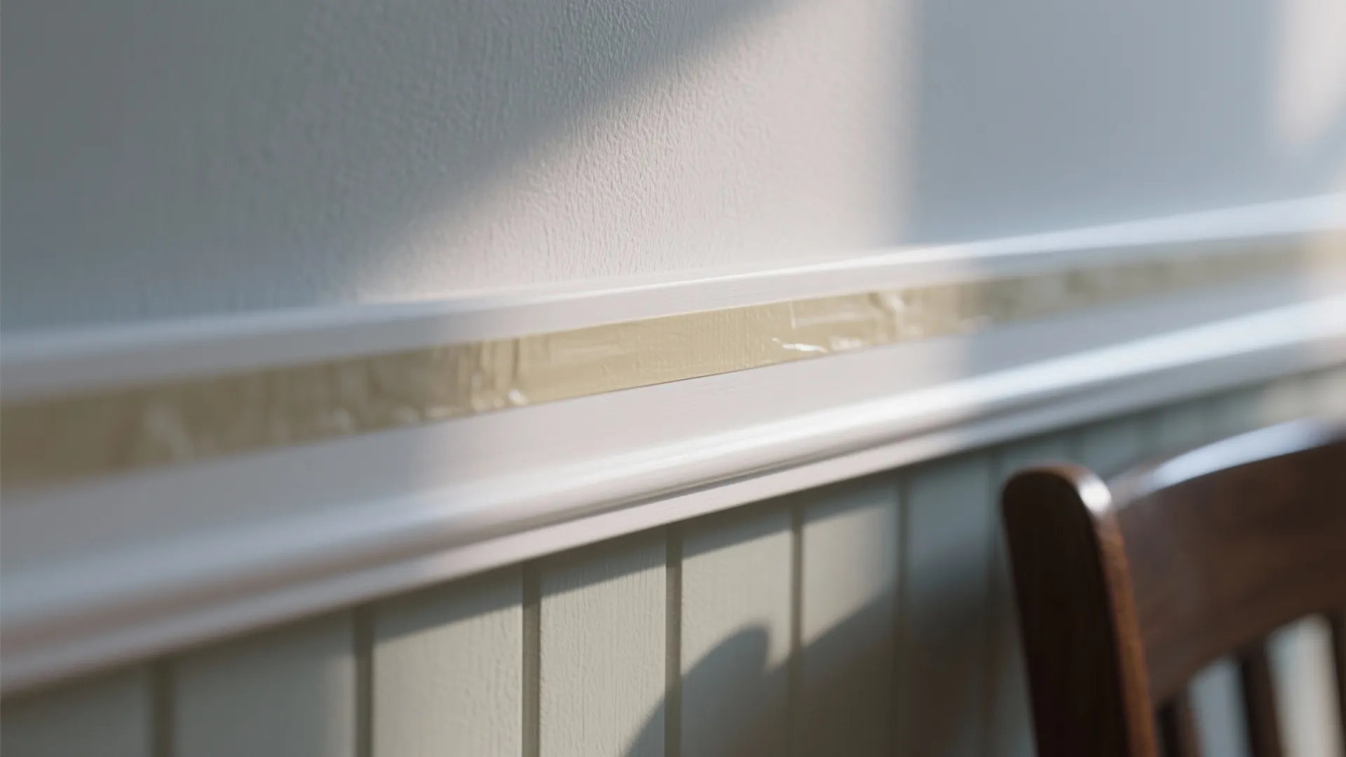Close up of white wall panel with green vertical lines and a shiny gold decorative trim