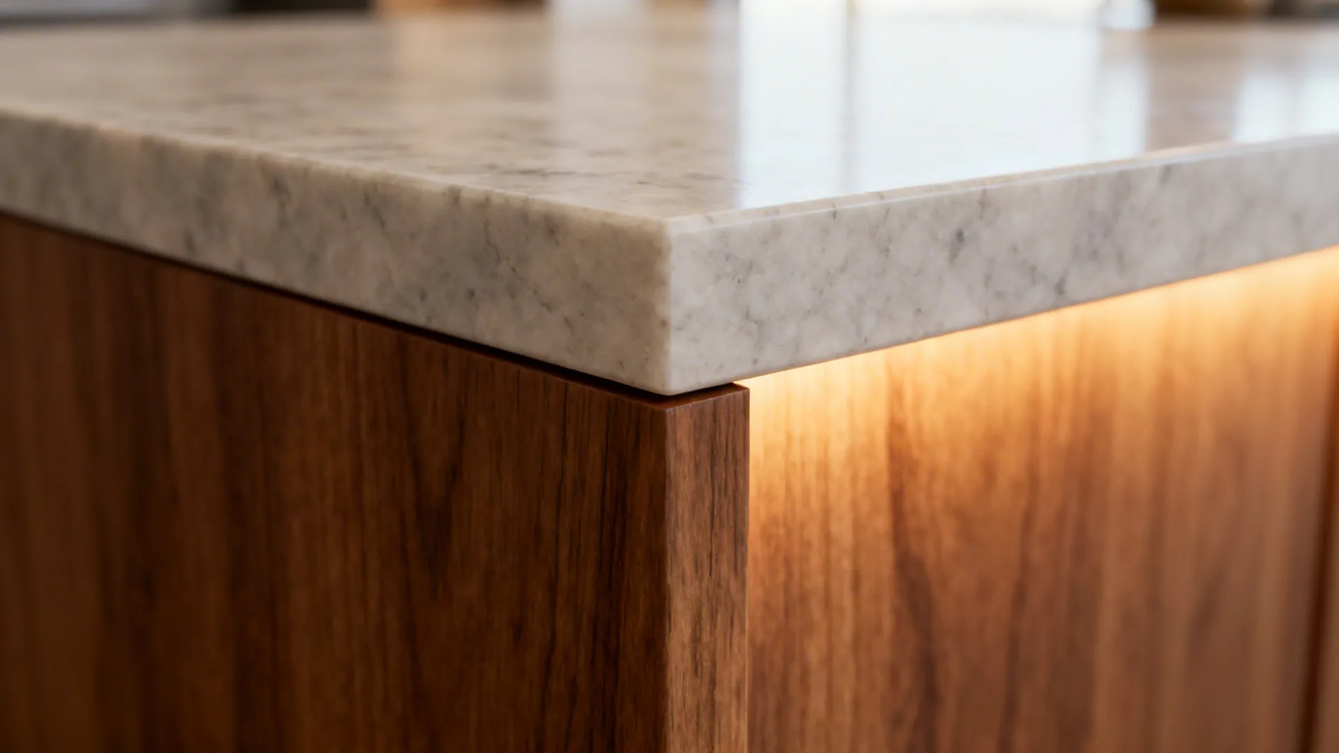 Close-up of quartz meeting warm wood on a two-tone kitchen counter with a clean seam