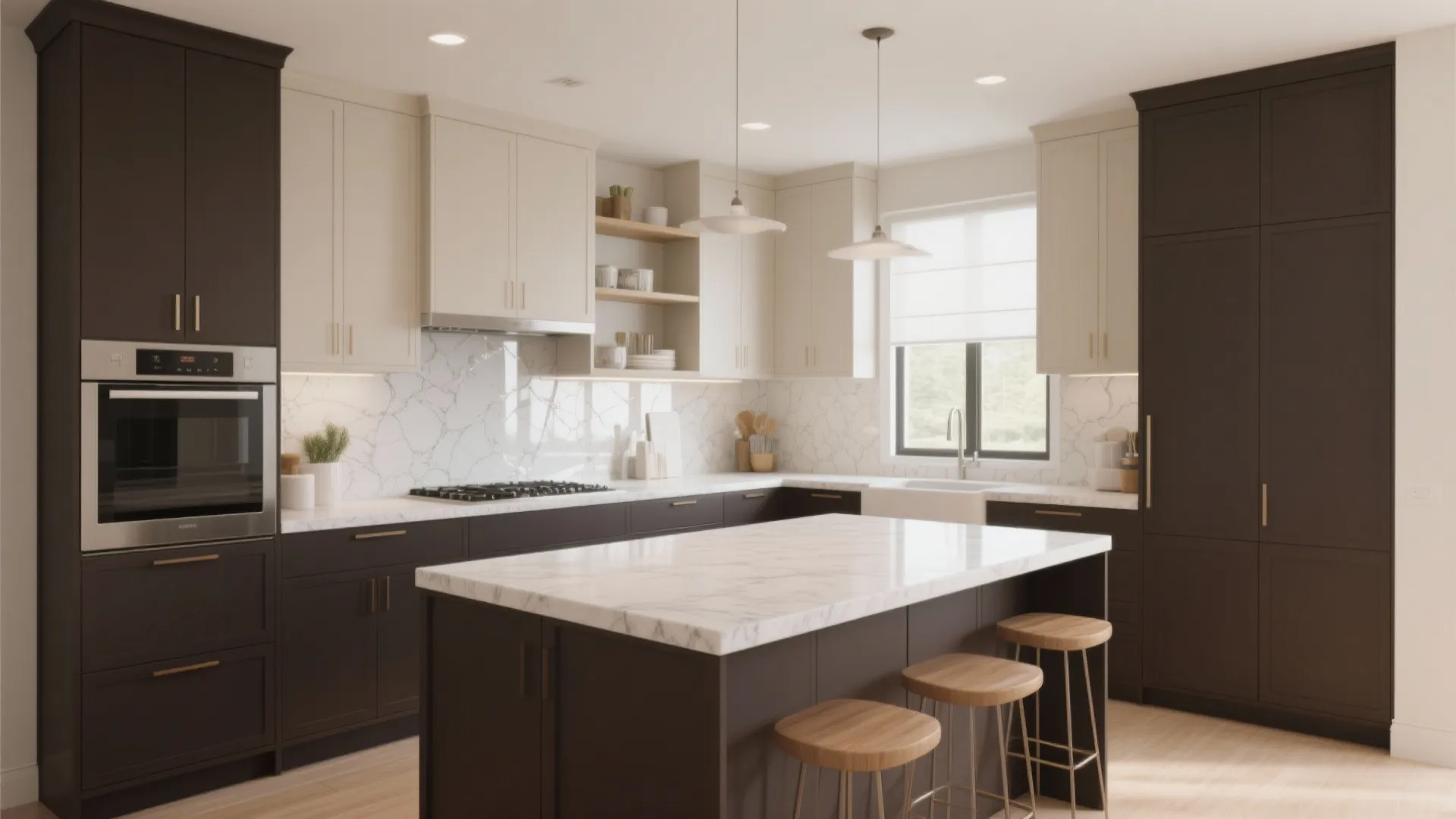 Modern kitchen with dark brown cabinets white upper cabinets marble island and three wood stools
