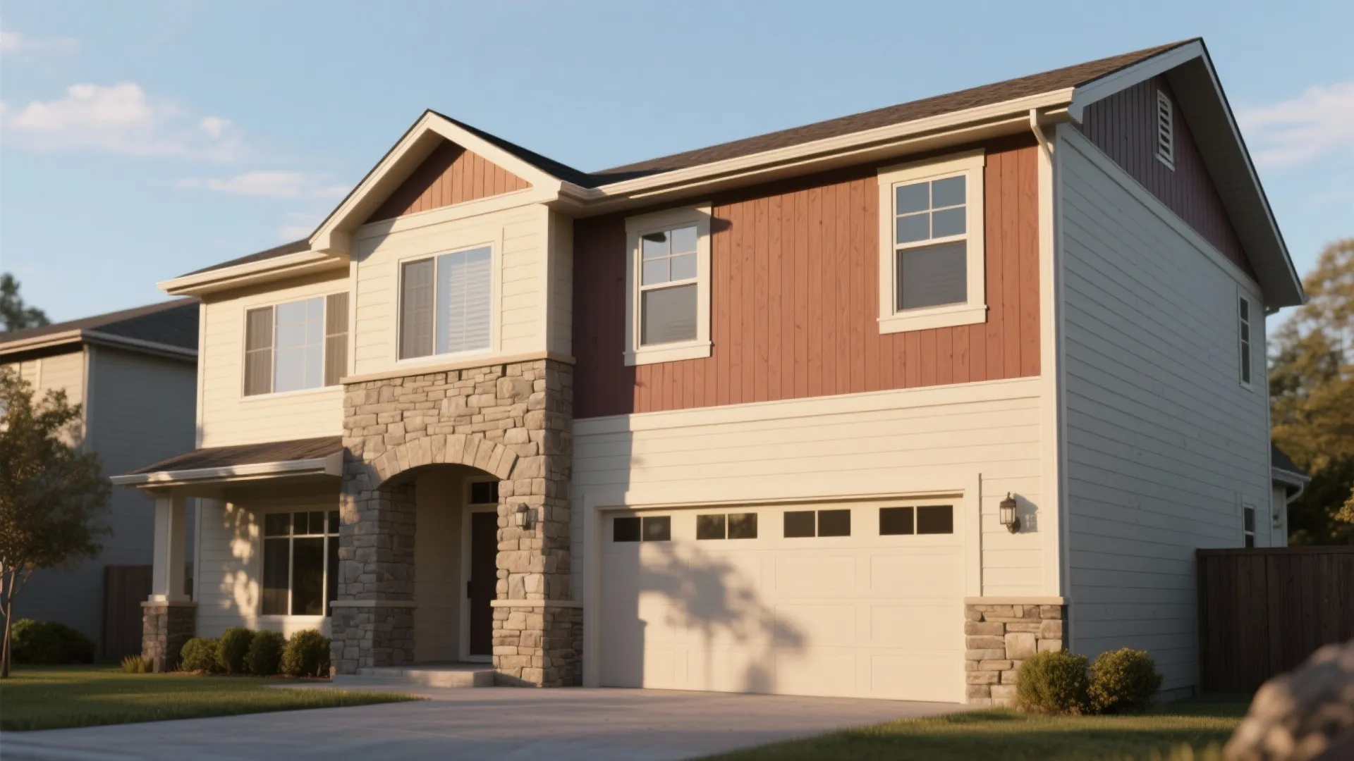 Two-tone house facade with a light base and richer trim color across mixed materials.