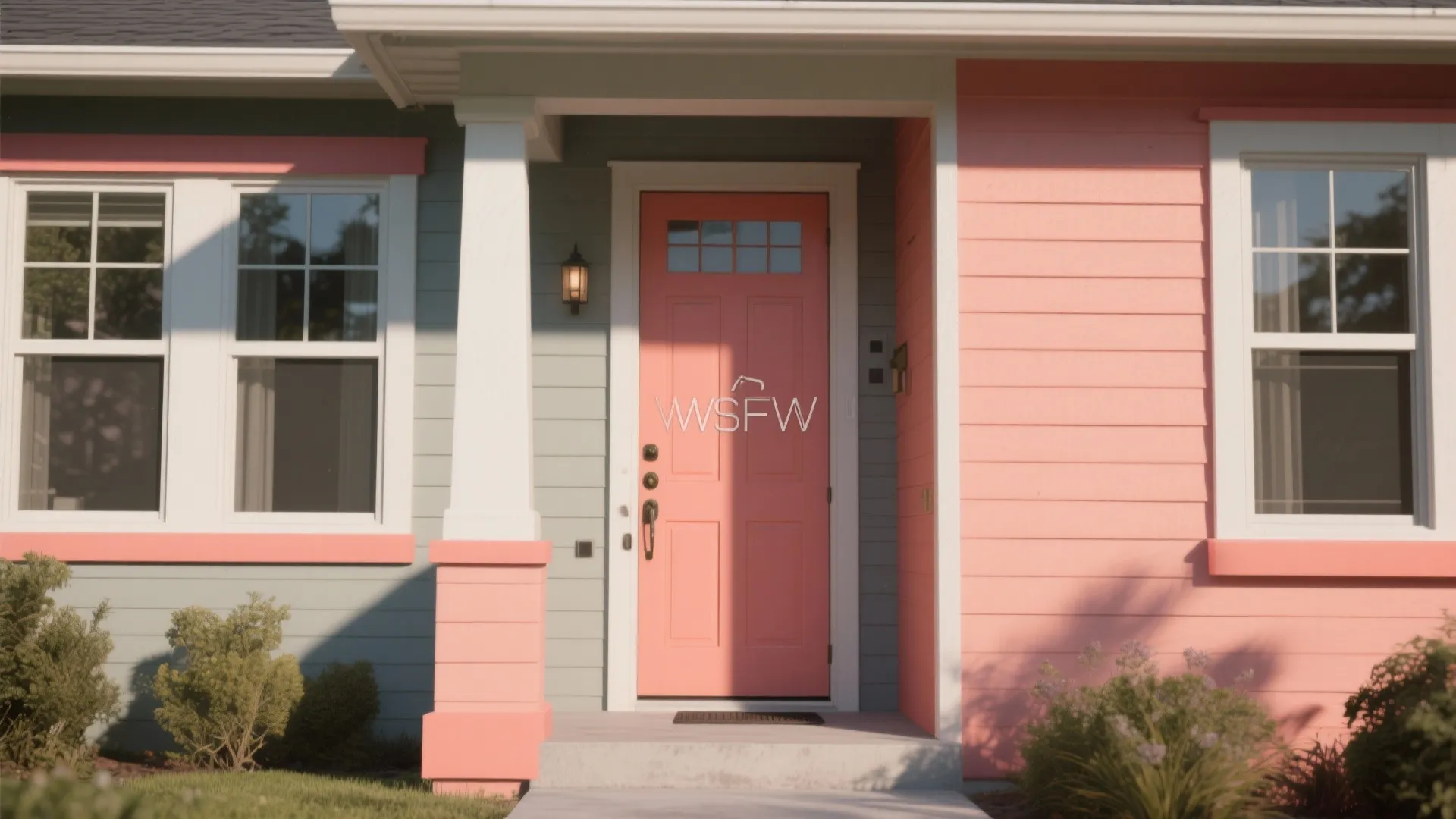 Two-tone house facade with neutral body and coral door, contrasting trim around windows and entry